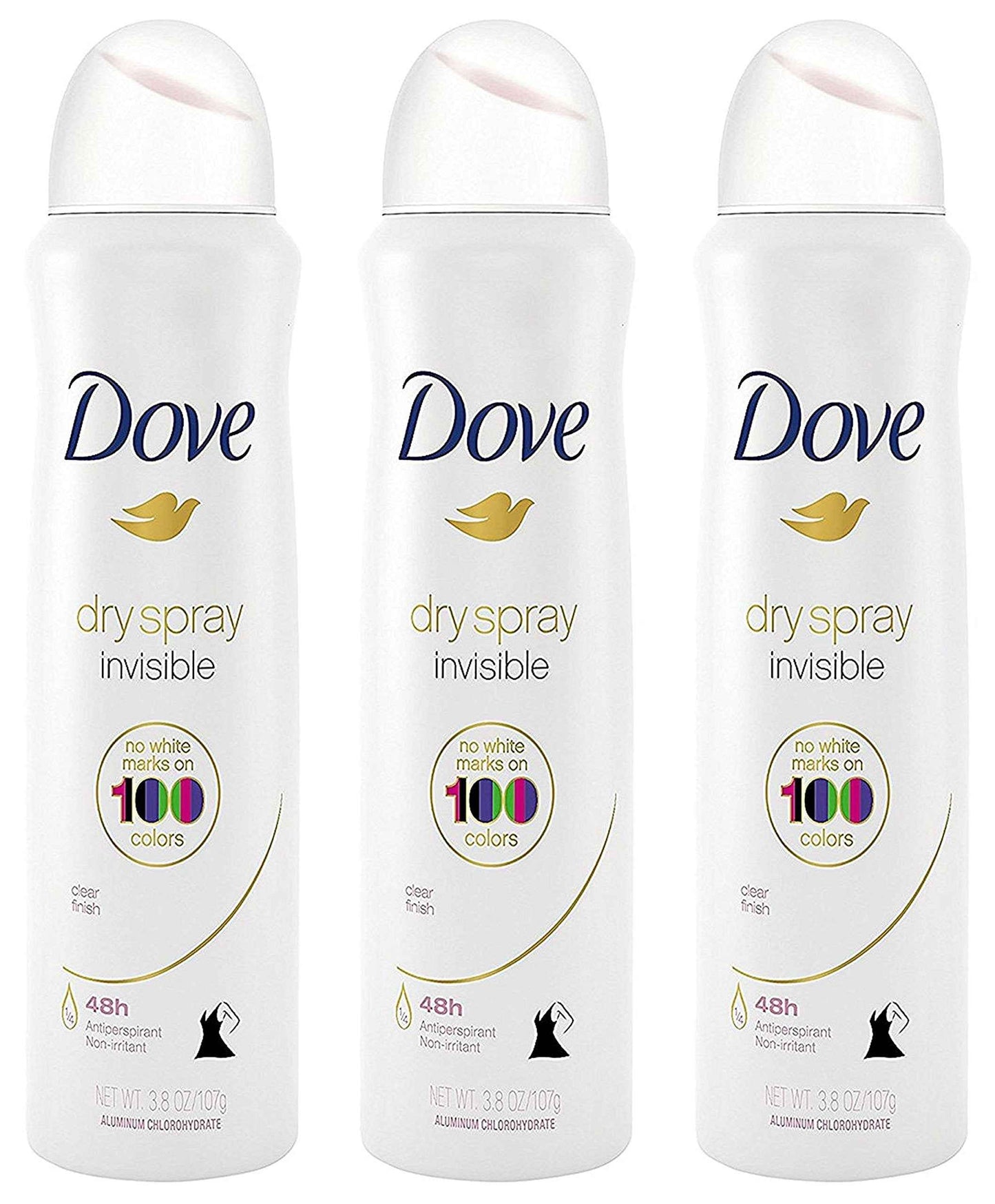 Dove Antiperspirant Dry Spray - Invisible - Clear Finish - 3.8 OZ (107 g) Per Can - Pack of 3 Cans