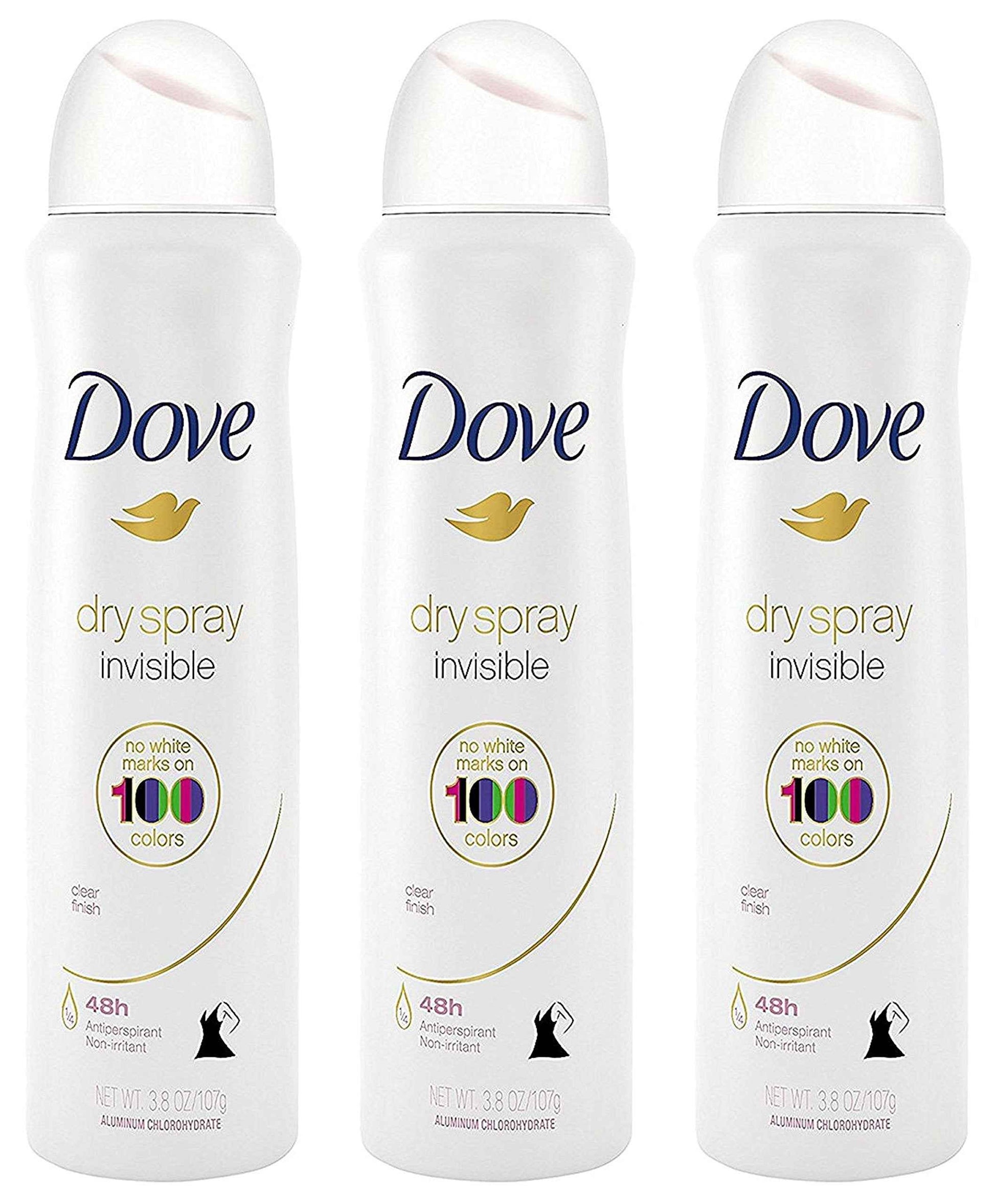 Dove Antiperspirant Dry Spray - Invisible - Clear Finish - 3.8 OZ (107 g) Per Can - Pack of 3 Cans