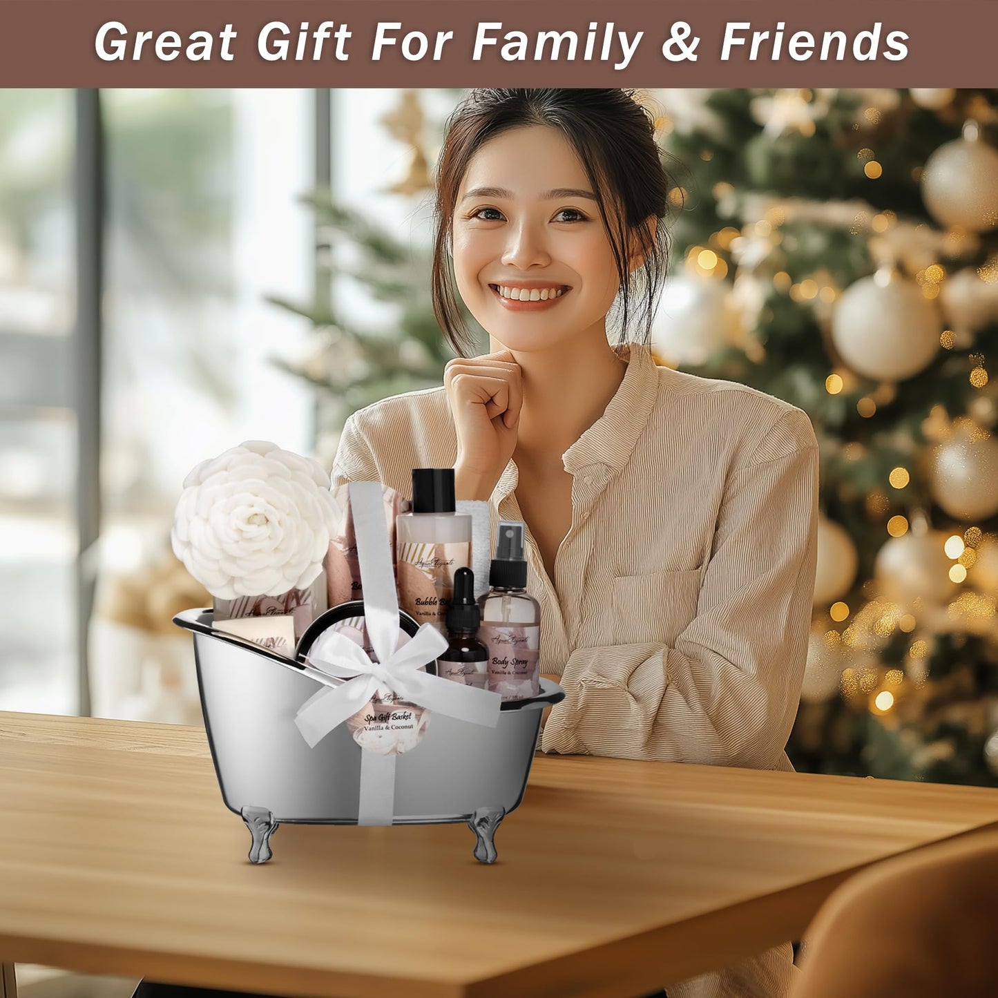Aqua Elegante Spa Gift Basket For Women - Luxury Bath Set with Wash, Bubbles, Lotion, Body Butter, Soap, Towel, Shower Puff, Reusable Basket, Gifts for Mom, Wife, Girlfriend - Coconut & Vanilla