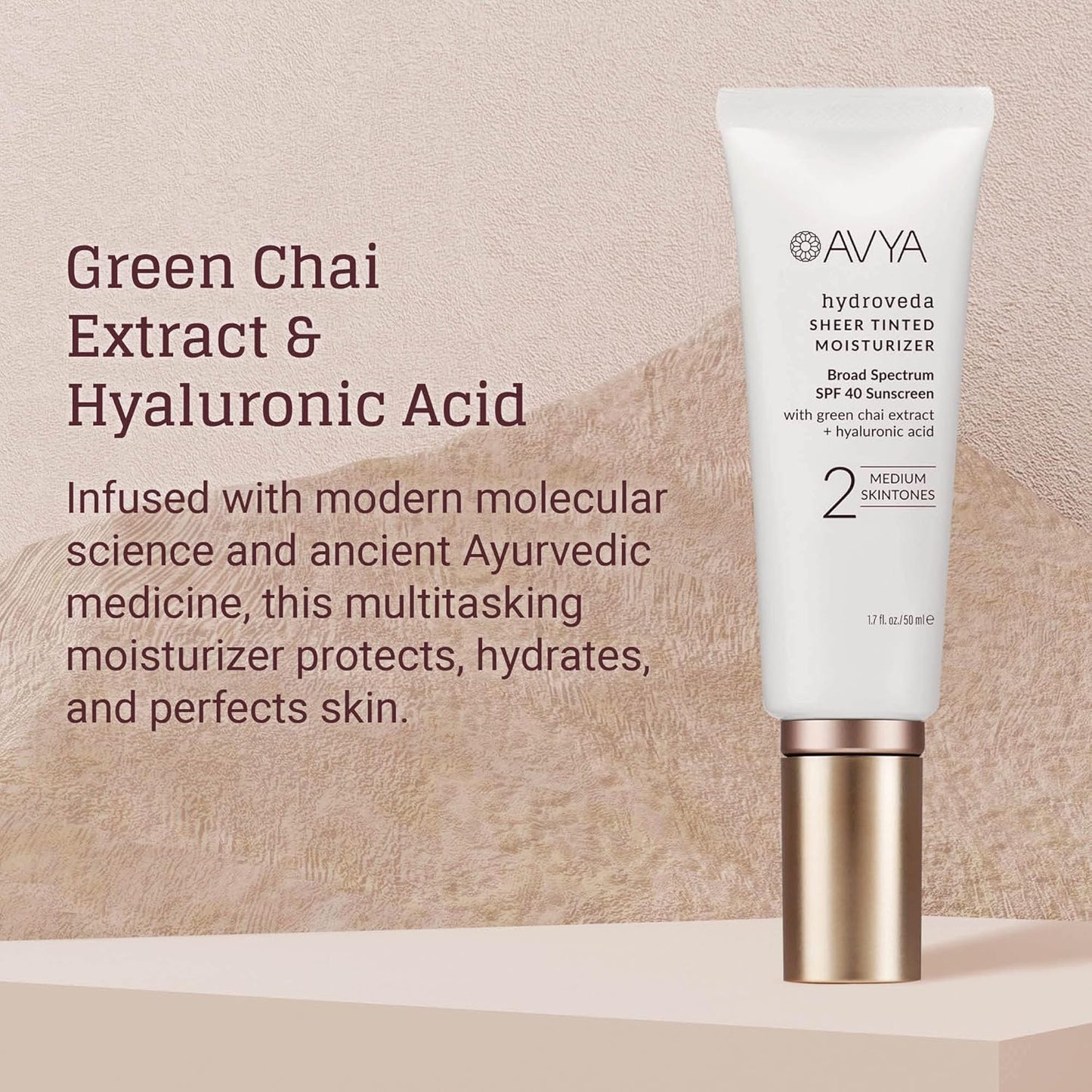 AVYA Sheer Tinted Moisturizer SPF 40 with Hyaluronic Acid - Ayurvedic Skincare for Balanced, Brighter Skin | Medium Shade #2 (1.7oz/50ml)