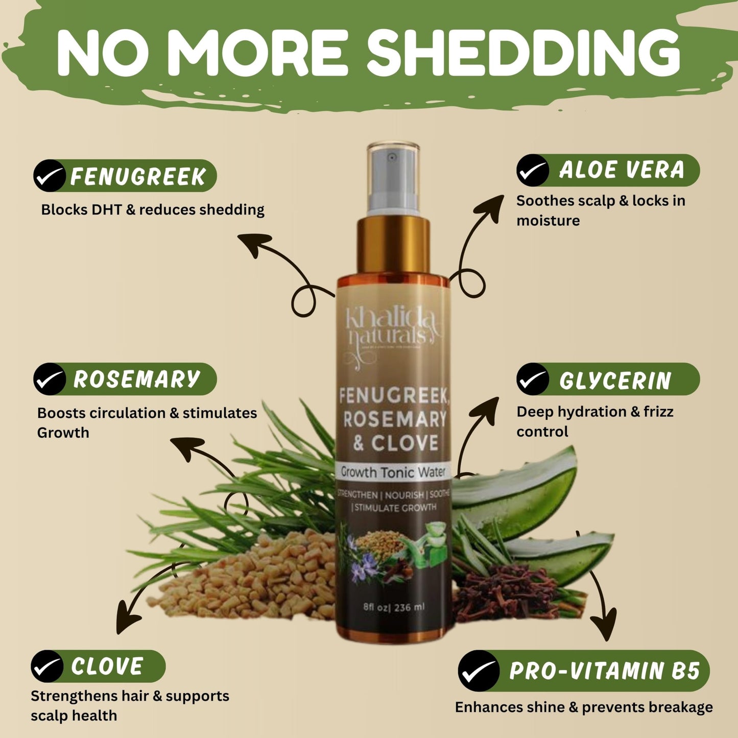 KhalidaNaturals Hair Growth Spray with Fenugreek, Rosemary, Clove, Aloe Vera. DHT Blocker. Promotes Hair Growth, 8 fl oz