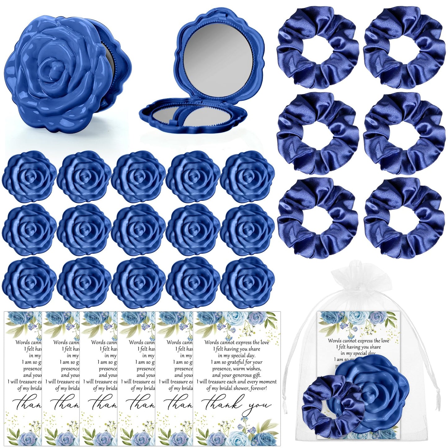 XunYee 30 Sets Rose Compact Mirror Bulk Bridal Shower Favors for Guests Mother's Day Souvenir Gifts Hair Ties Elastic Scrunchies, Thank You Card and Organza Bags for Wedding Quinceanera(Dusty Blue)