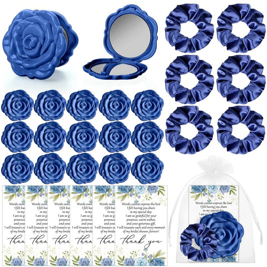 XunYee 30 Sets Rose Compact Mirror Bulk Bridal Shower Favors for Guests Mother's Day Souvenir Gifts Hair Ties Elastic Scrunchies, Thank You Card and Organza Bags for Wedding Quinceanera(Dusty Blue)