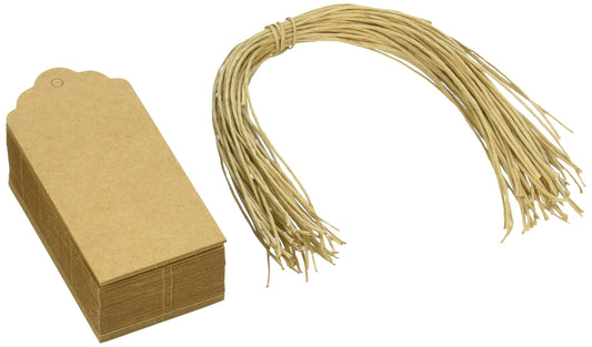 Wrapables 100 Gift Tags/Kraft Hang Tags with Free Cut Strings for Gifts, Crafts & Price Tags - Scalloped Tag
