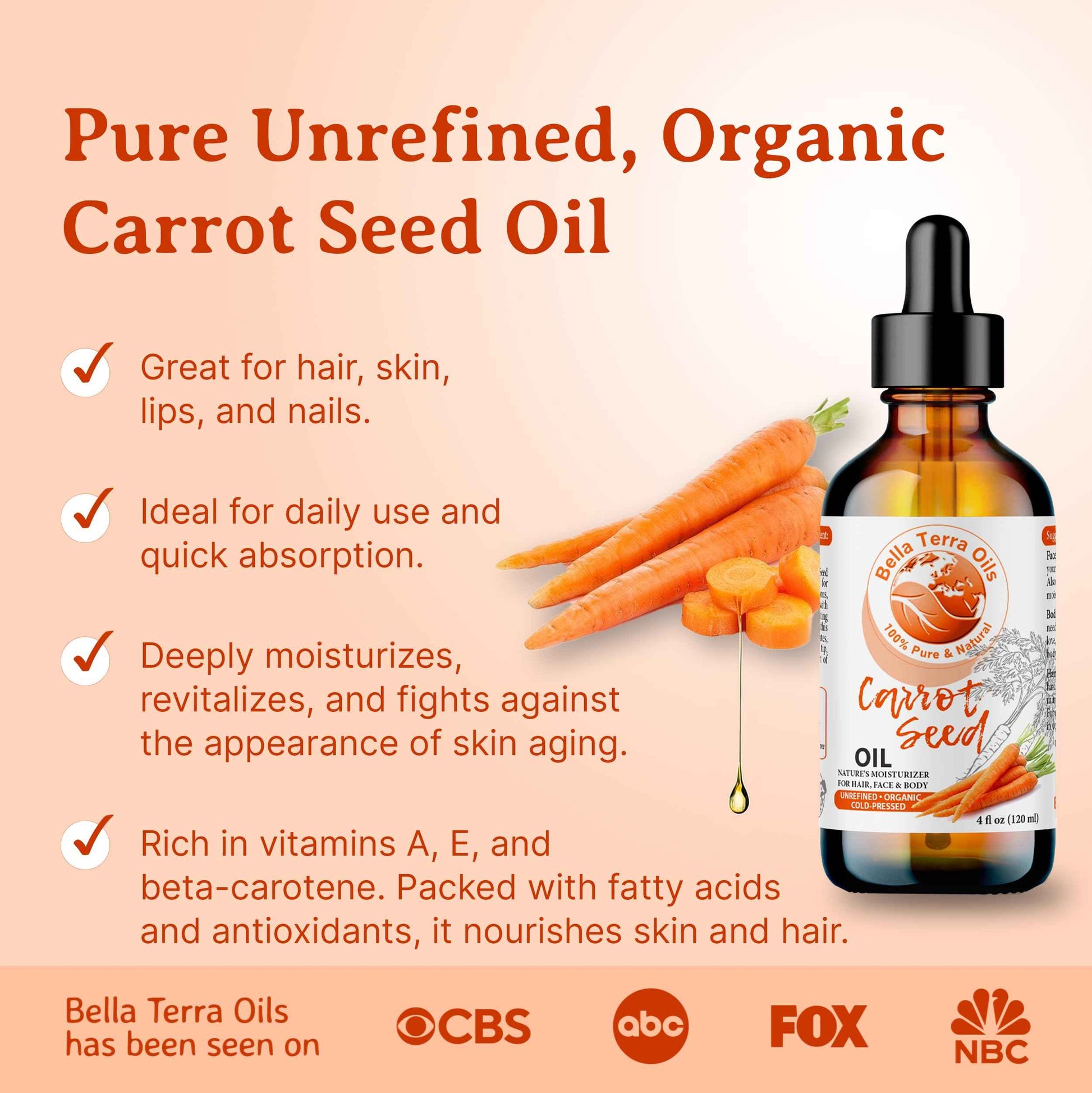 Bella Terra Oils - Organic Carrot Seed Oil 4oz - Celebrate the Nutrient-Rich Legacy of Organic Carrots, High in Vitamin K & Phytosterols, For a Supple & Radiant Appearance