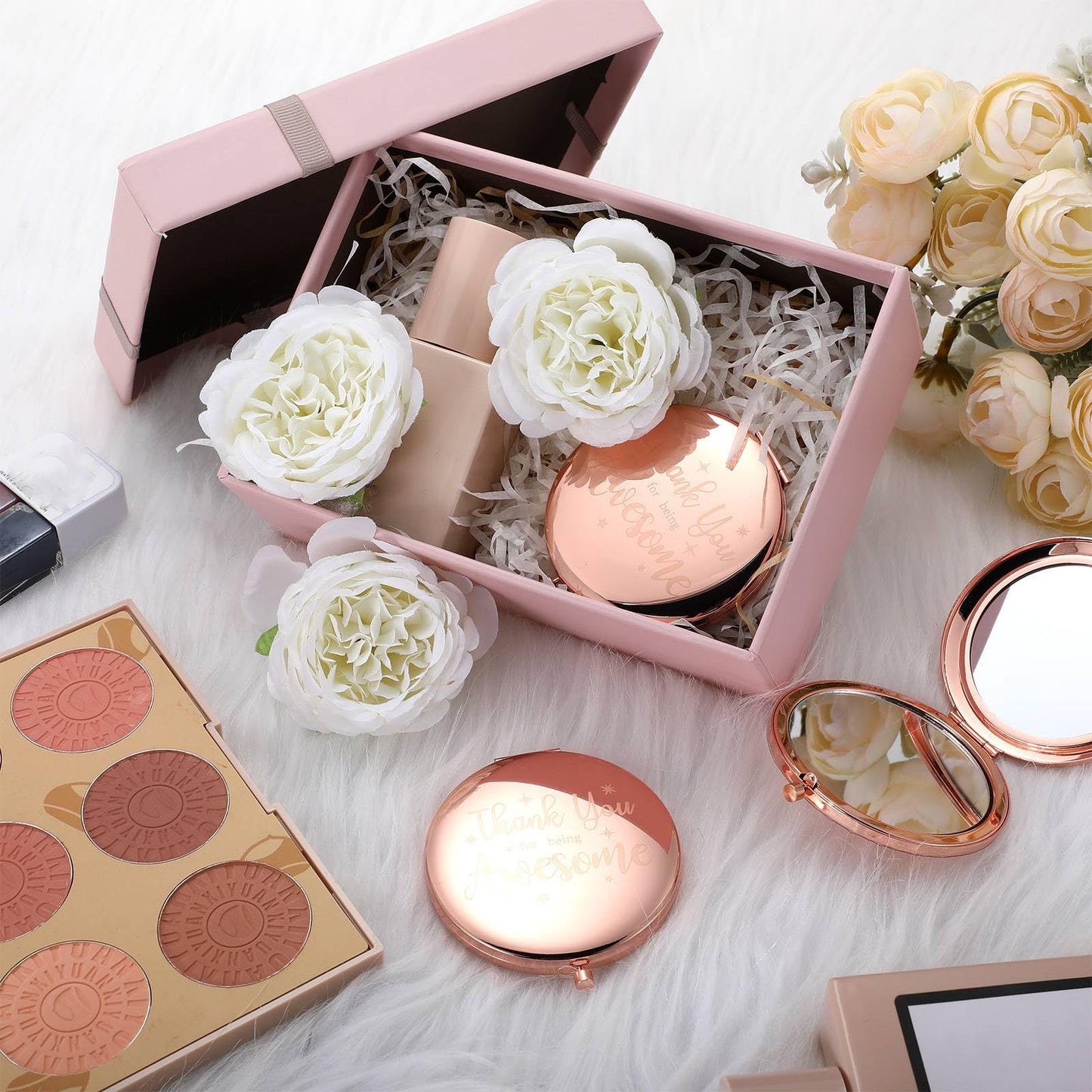Roowest 12 Pcs Inspirational Compact Mirror Bulk for Mom Women Gifts Double Sided Travel Thank You for Being Awesome Employee Appreciation Makeup Magnifying Small Pocket Mirror(Rose Gold)