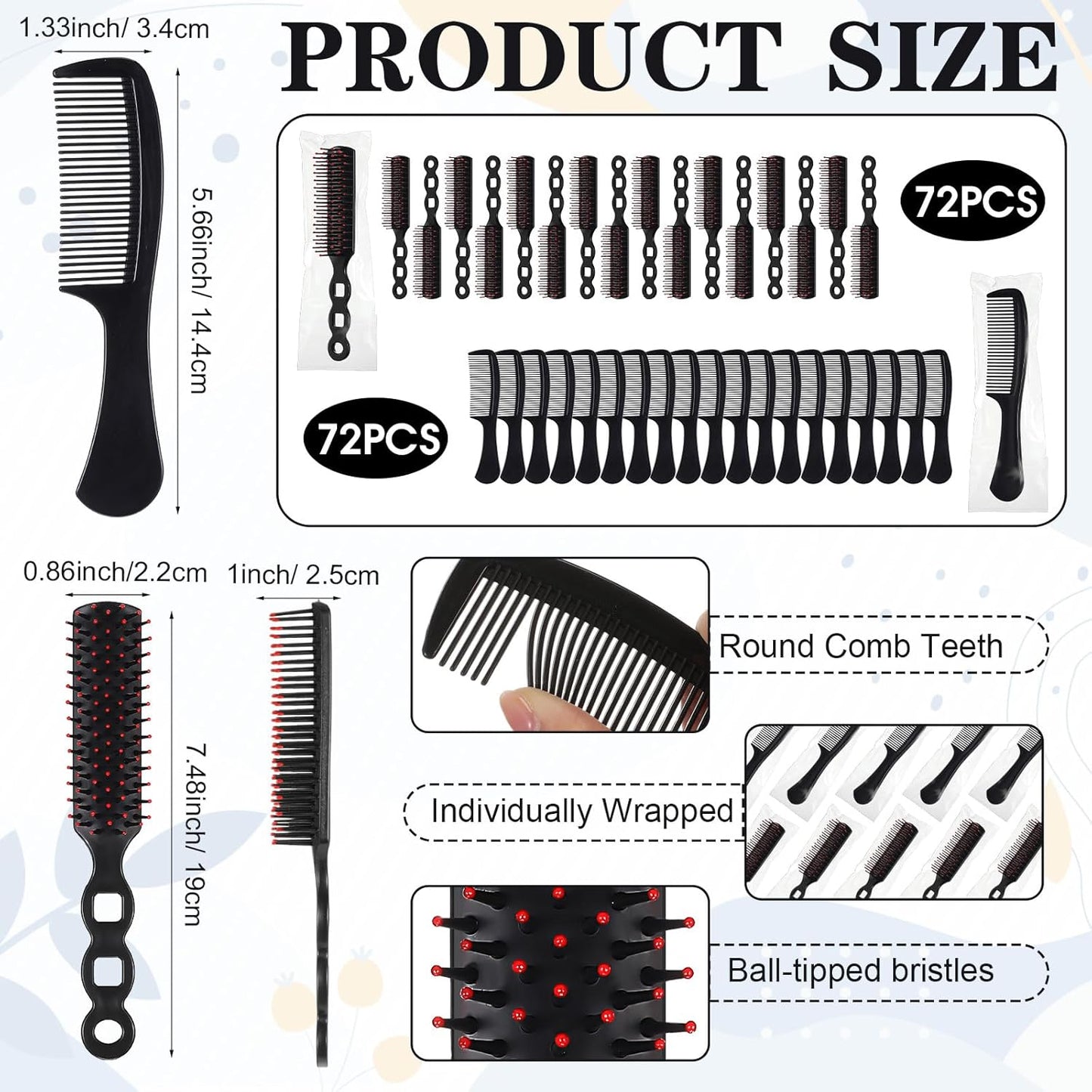 Hair Brush and Comb Set - 144 Pack Individually Wrapped Detangling Brushes for Curly Hair | Ideal for Shelters, Nursing Homes, and Charities - Black