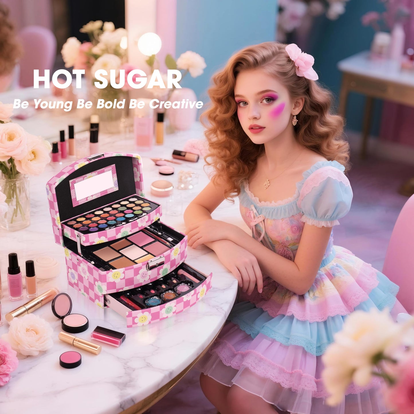 Hot Sugar Girls All-in-One Makeup Kit for Teens 14-16 Years | Beginner Cosmetic Set with Real Makeup Tools & Cosmetics | Birthday Christmas Gift for Girls (Blue)