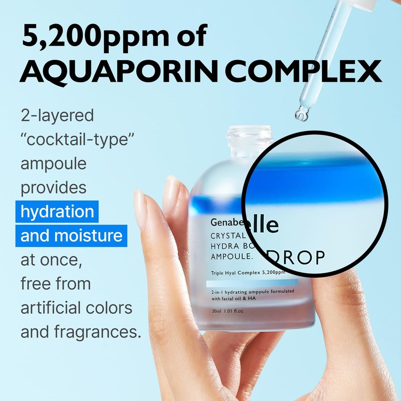 Genabelle Crystal Drop Hydra Booster Ampoule – Hydrating Serum with Hyaluronic Acid, Panthenol & Jojoba Oil for Skin Barrier and Glow – 1.01 fl.oz