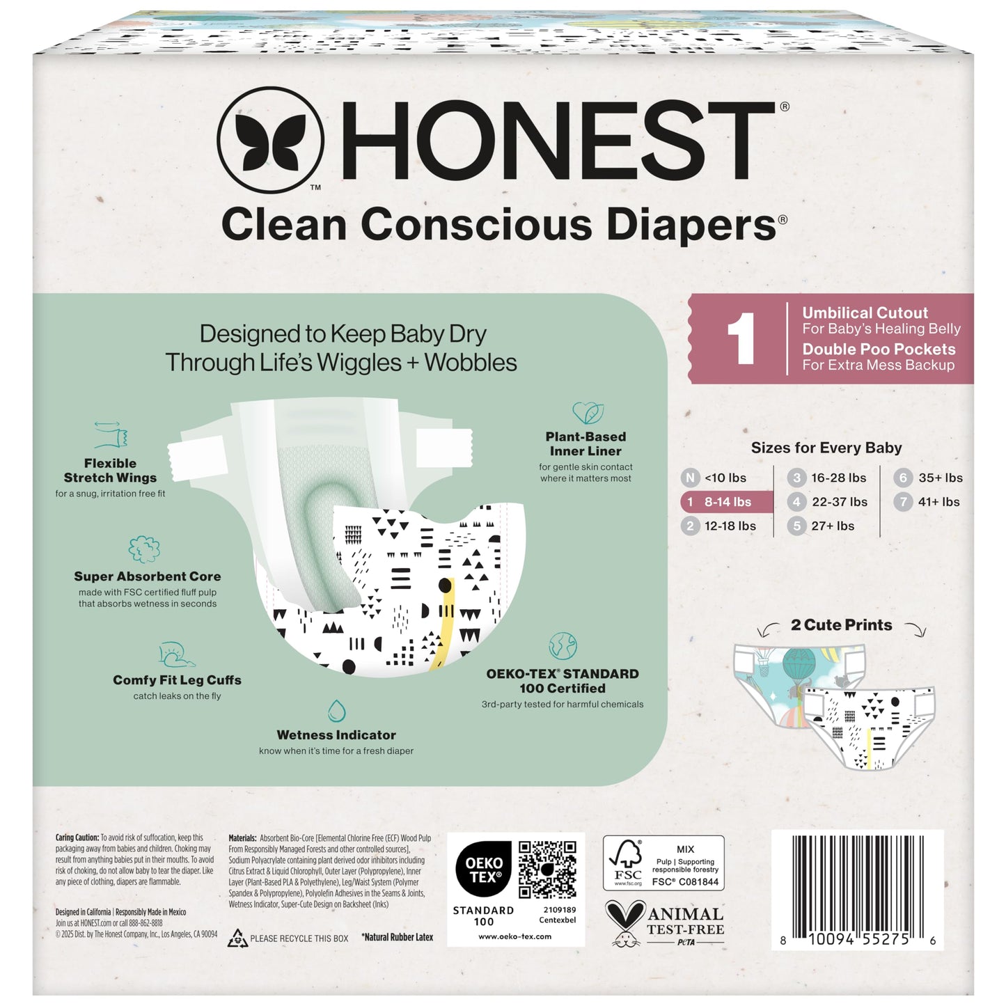 The Honest Company Comfort Dry Disposable Daytime Diapers, Hypoallergenic, Fragrance-Free, Sensitive Skin, Above It All + Pattern Play, Club Box Size 1 (8–14 lbs), 78 Count