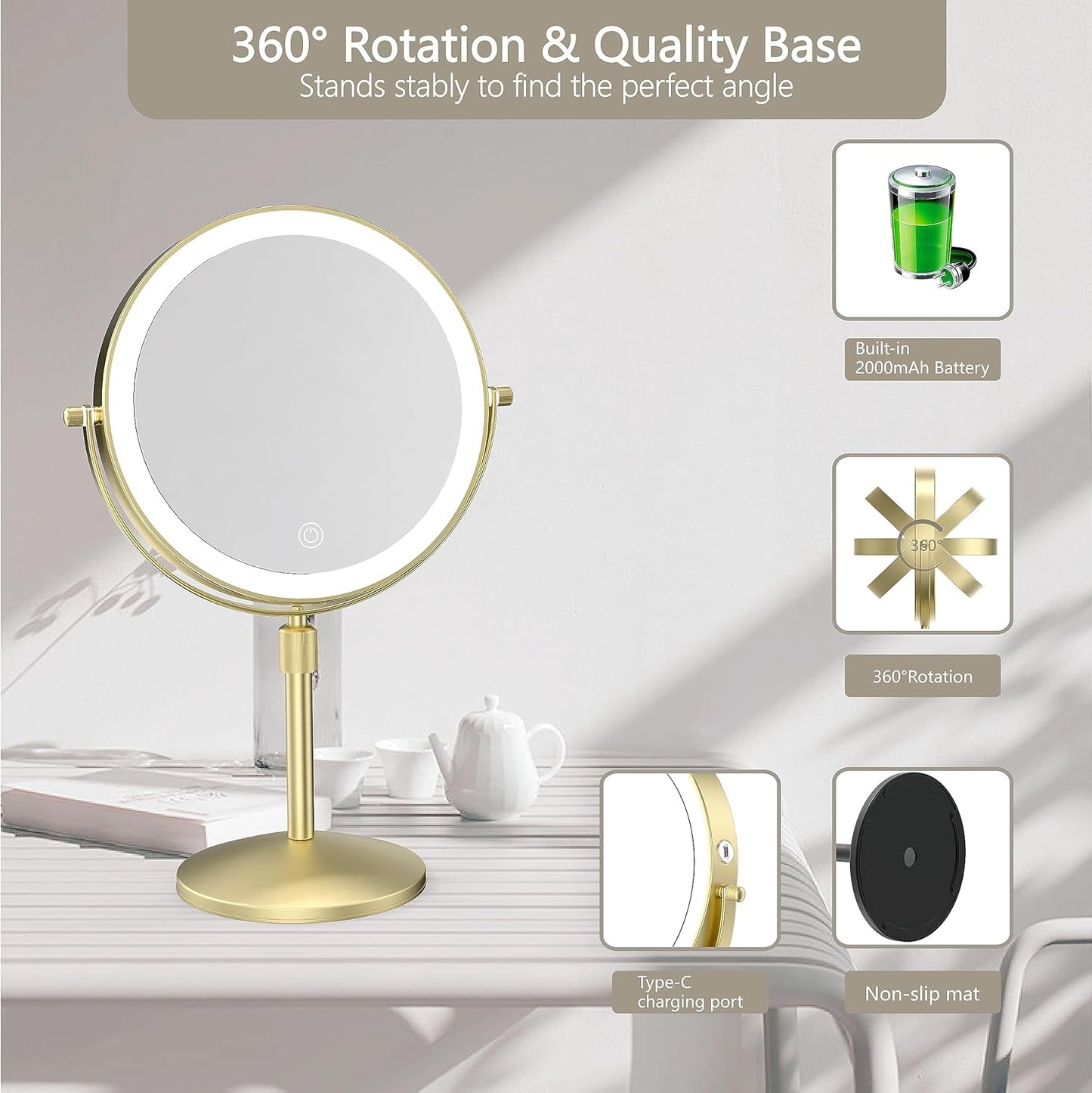 Lighted Makeup Mirror - 1X/10X Magnification, Dimmable & Rechargeable | Adjustable Height, Gold Finish