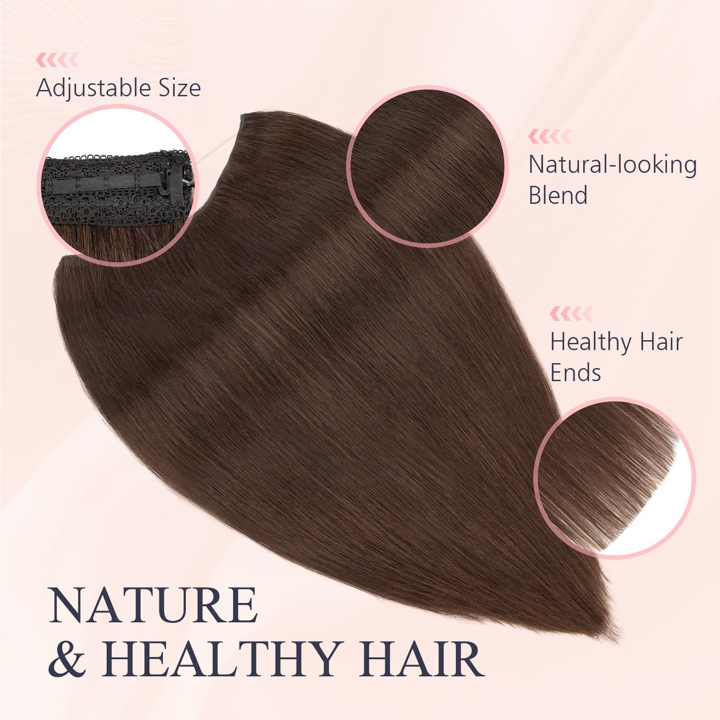 TESS Halo Hair Extensions Real Human Hair Remy Hair 12 Inch Straight Adjustable Invisible Wire Easy to Use Clip in, Dark Brown