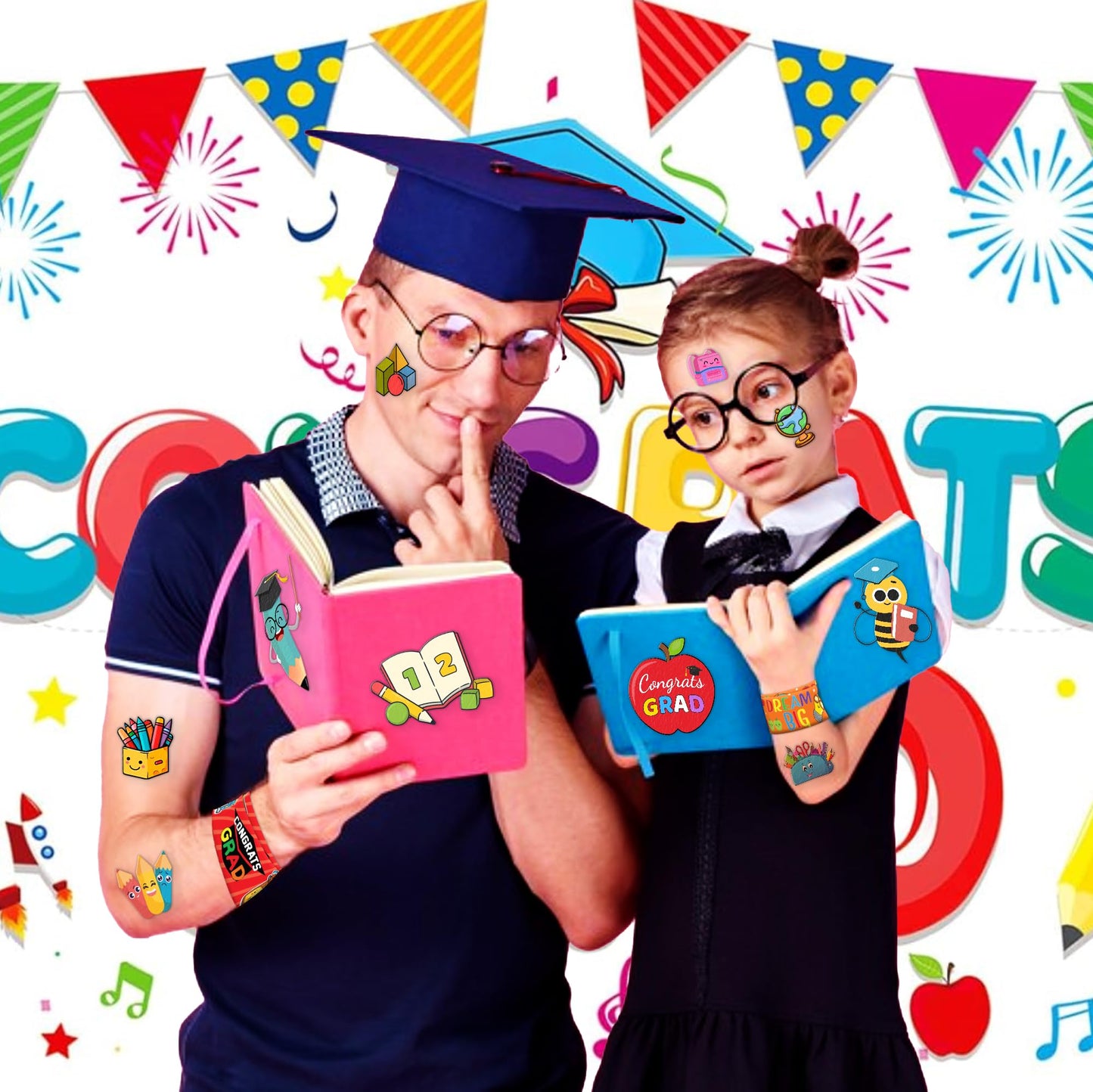 72 PCS Kindergarten Graduation Party Set - 48 Temporary Tattoos & 24 Slap Bracelets - Perfect for Themed Parties, Baby Showers, Classroom Rewards & Gifts for Kids