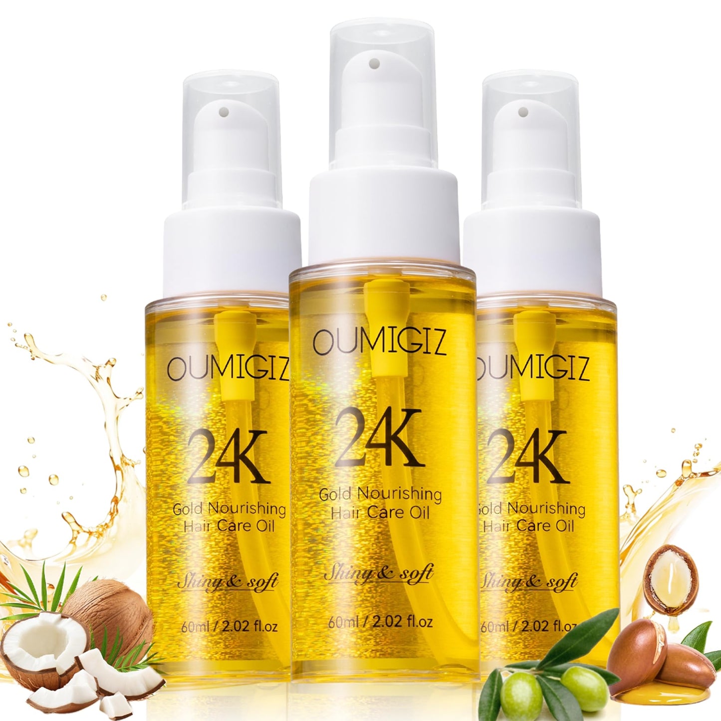 24K Gold Hair Oil, Repair Shine Serum with Coconut, Argan & Olive Oils - Heat Protectant and Frizz Control - Vegan, Lightweight Leave-In Treatment for Dry Damaged Hair (2.02 Fl Oz (Pack of 3))