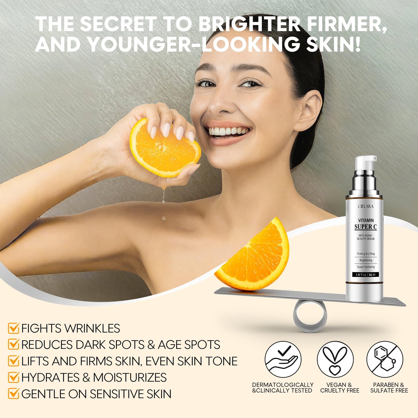 CIELARA Vitamin C Serum for Face, Anti Aging 20% Super C Serum With Vit C Hyaluronic Acid, Vitamin E, Peptides, Collagen Wrinkle Serume for Dark Spot, tighten, firming, lift, Brightening-1.9 Fl Oz
