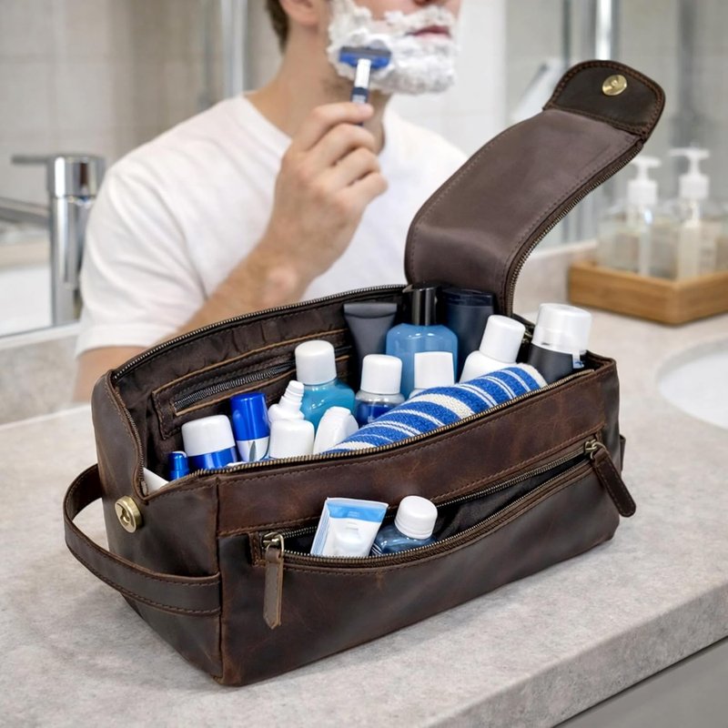 Genuine Buffalo Leather Unisex Toiletry Bag - Premium Travel Dopp Kit | Durable & Stylish Design