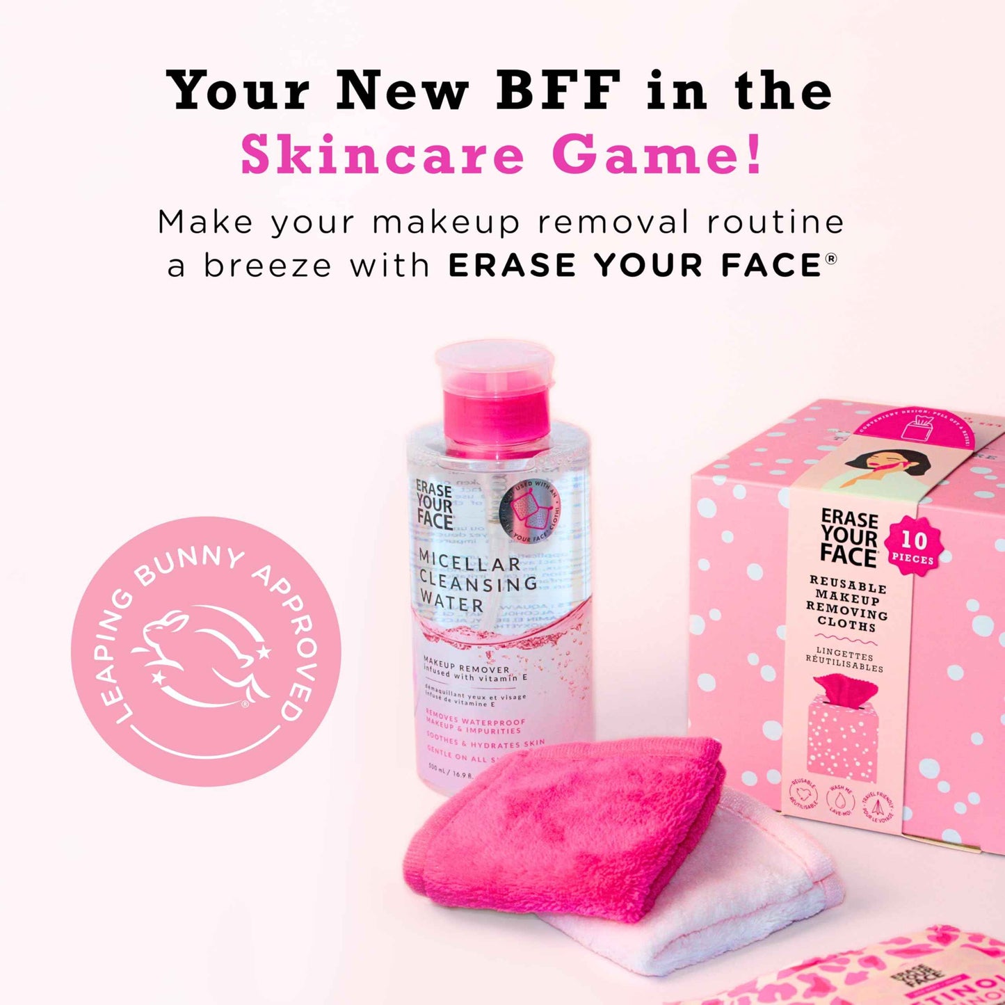 ERASE YOUR FACE Makeup Remover Cloths Box Set - Reusable Microfiber Face Towels to Cleanse & Remove Makeup - Water Activated, Dual-Sided Design for Easy Use - Pink (10 Count)