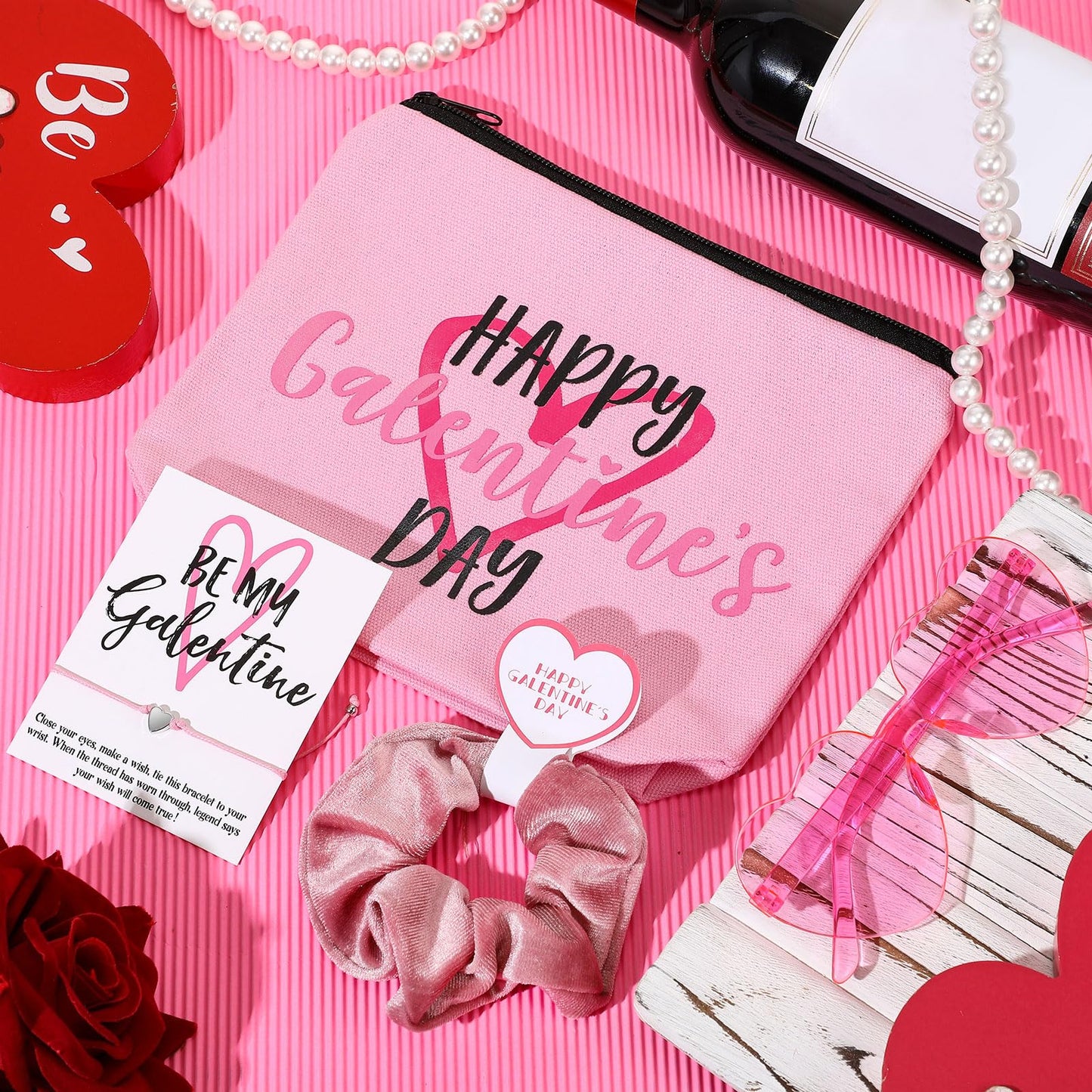 Landical 12 Set Galentine's Day Gift Set Include Makeup Bags Greeting Cards Velvet Hair Scrunchies Bracelets Sunglasses Gifts for Women