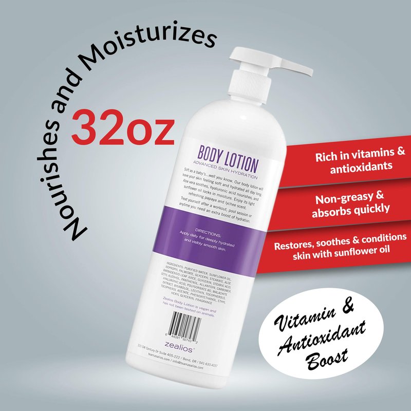 Zealios Advanced Hydration Body Lotion for Dry Skin 32oz - Deep Hydration Formula, Skincare Moisturizer with Vitamins & Antioxidants, Non-Greasy Lotion, Light Papaya & Lychee Scent