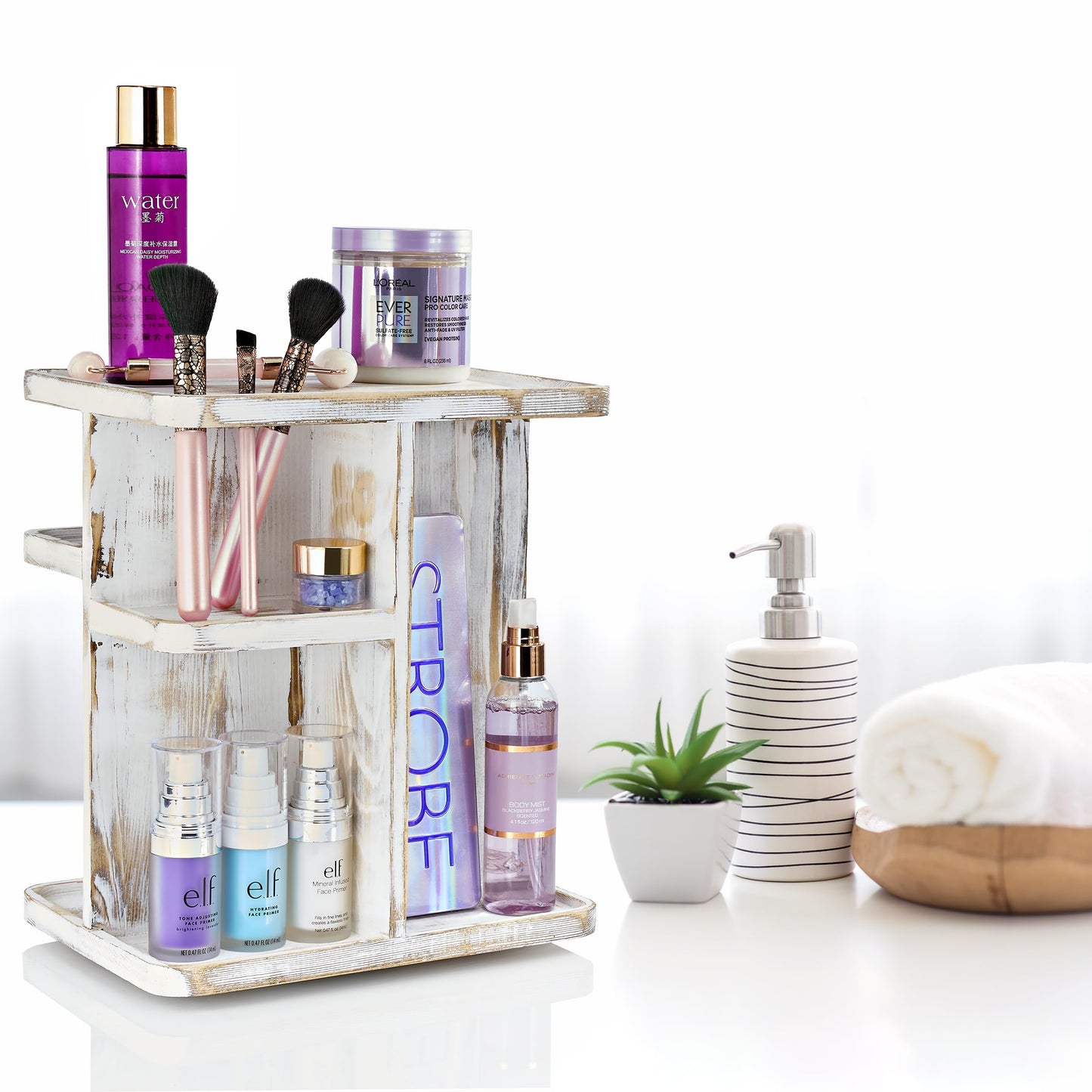 Sorbus 360° Makeup Organizer - Grey Rustic Wood Make Up Storage Carousel for Cosmetics, Skin Care Rotating Makeup Organizer for Vanity, Bathroom Storage