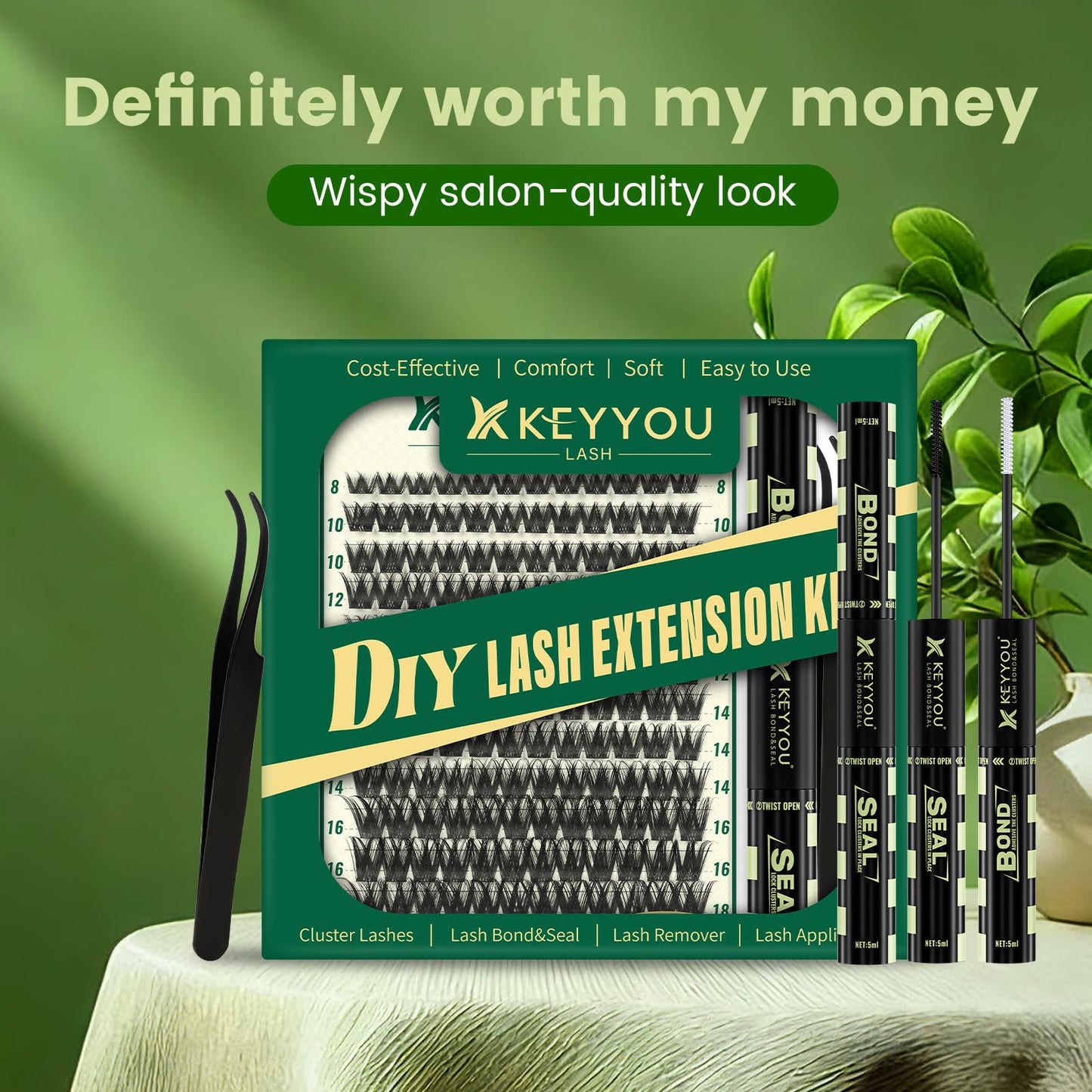 KEYYOU Lash Clusters Kit 144pcs 8-18mm Mix, DIY Eyelash Extension Kit with Bond and Seal, Eyelash Glue and Tweezers for Volume Fluffy Lashes at Home (KY04)