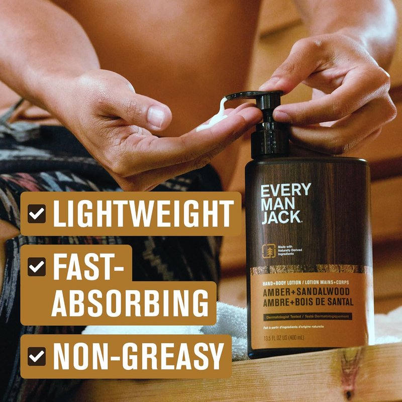 Every Man Jack Men's Amber & Sandalwood Hand & Body Lotion - Hypoallergenic, Lightweight Formula | 13.5oz (2 Pack)