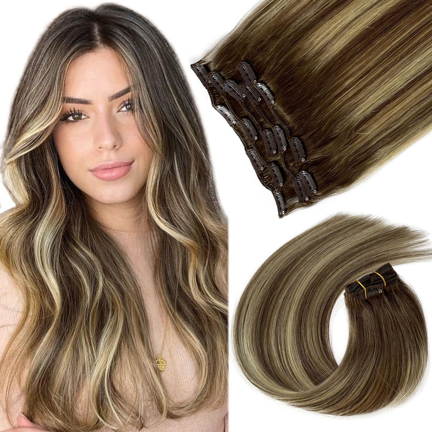 Clip in Hair Extensions, 18 inch Clip in Hair Extensions Real Human Hair, 7PCS Ombre Highlight Ash Blonde Clip in Hair Extensions, 70g Seamless Clip ins Human Hair