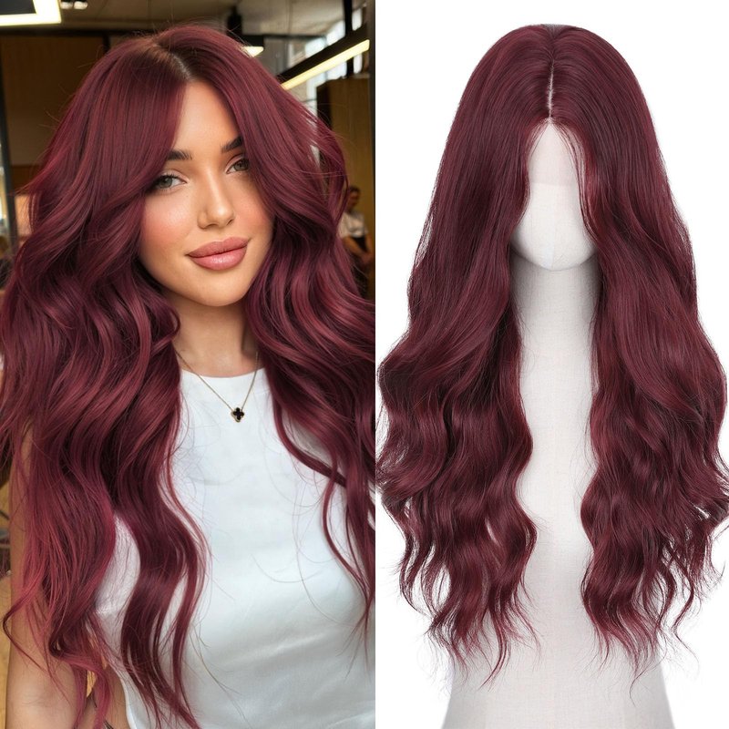 WIGNEE Long Red Wig Middle Part Dark Red Wig 26 Inches Long Wavy Wigs for white women Natural Looking Wavy Wig For Women Daily Party Use(Burgendy)