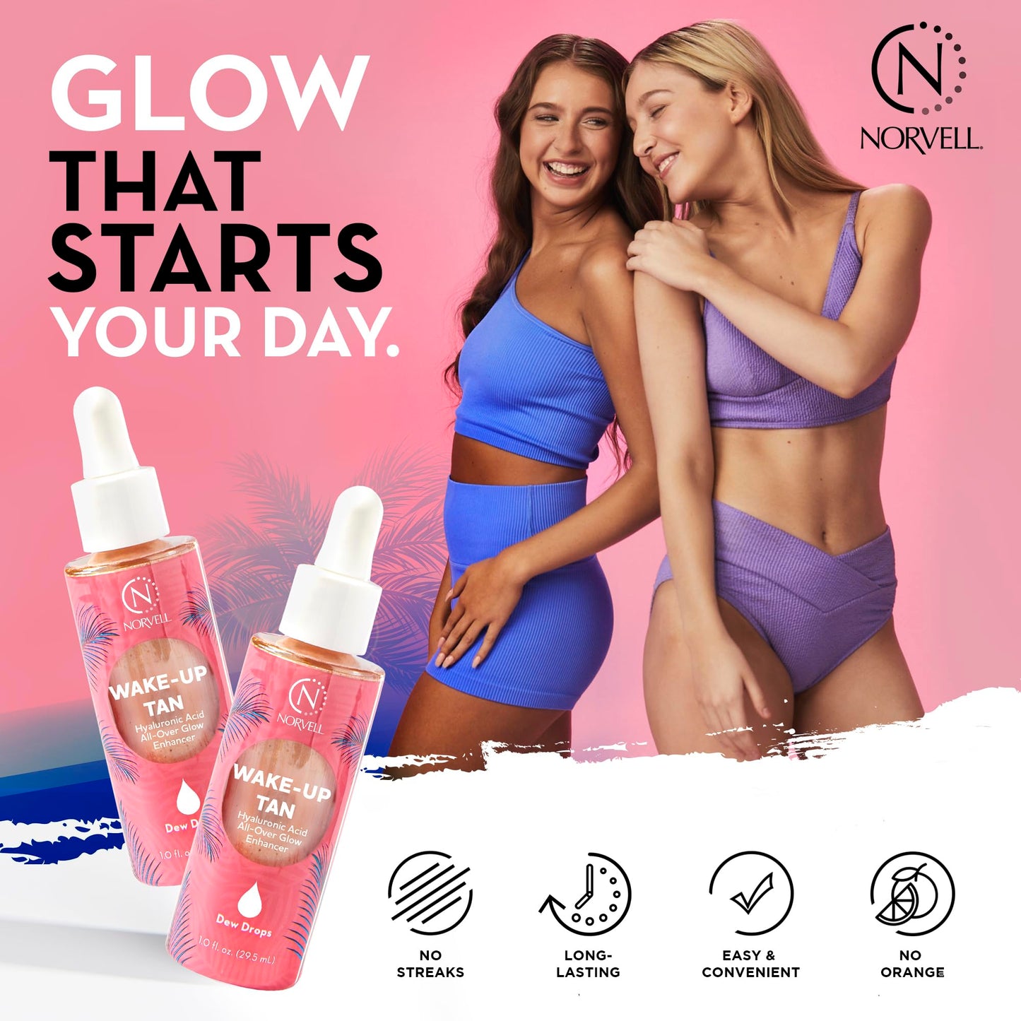 Norvell Wake-Up Tan Dew Drops, 1 oz Luminizing Glow Drops for Face & Body, Mix with Makeup or Moisturizer, Fragrance-Free Cosmetic Illuminator