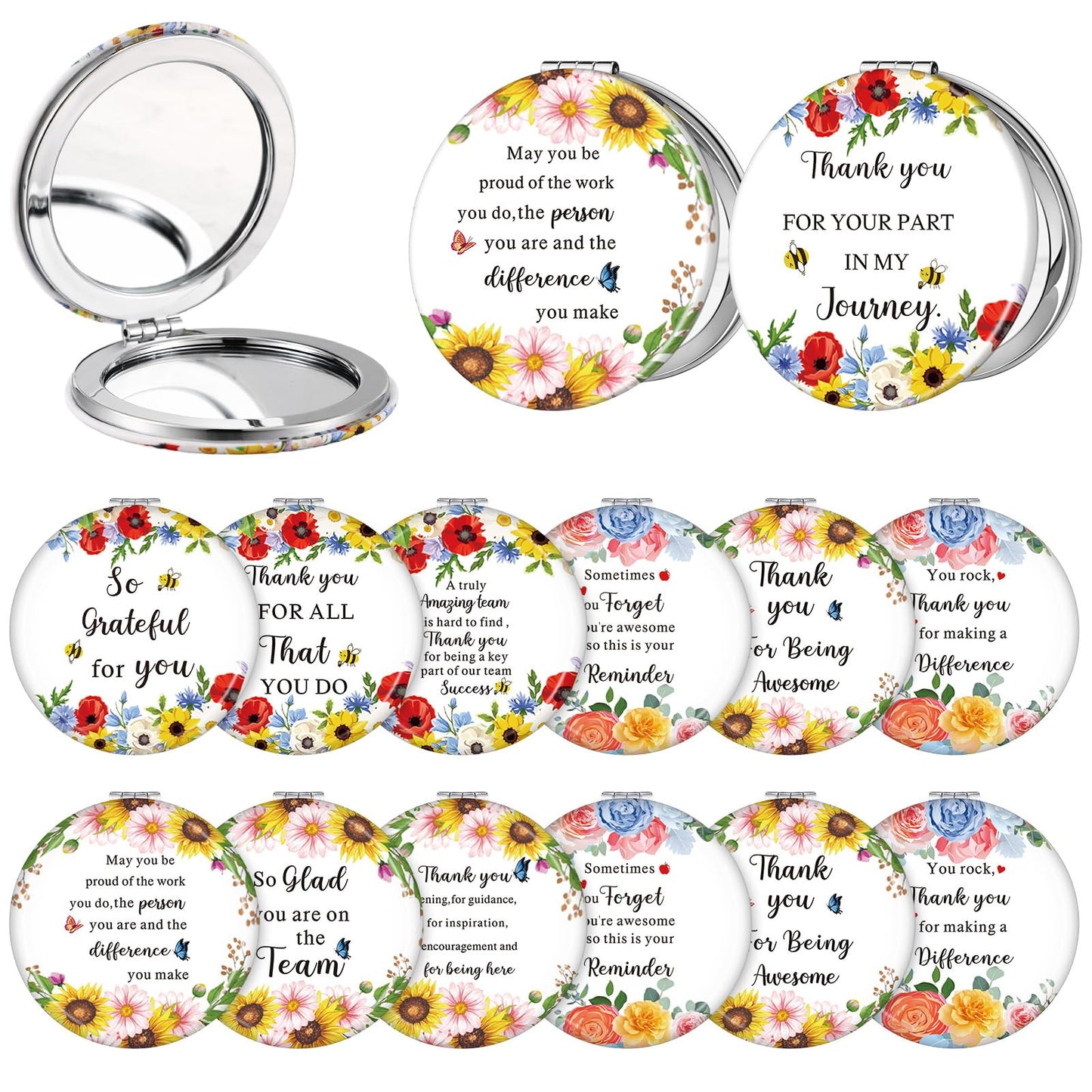Sintuff 12 Pcs Inspirational Compact Mirror Bulk Thank You Gift Appreciation Gift Pocket Mirror for Women Folding Handheld Double Sided Mirror 1x/2x Gift for Women Coworker Employee Nurse