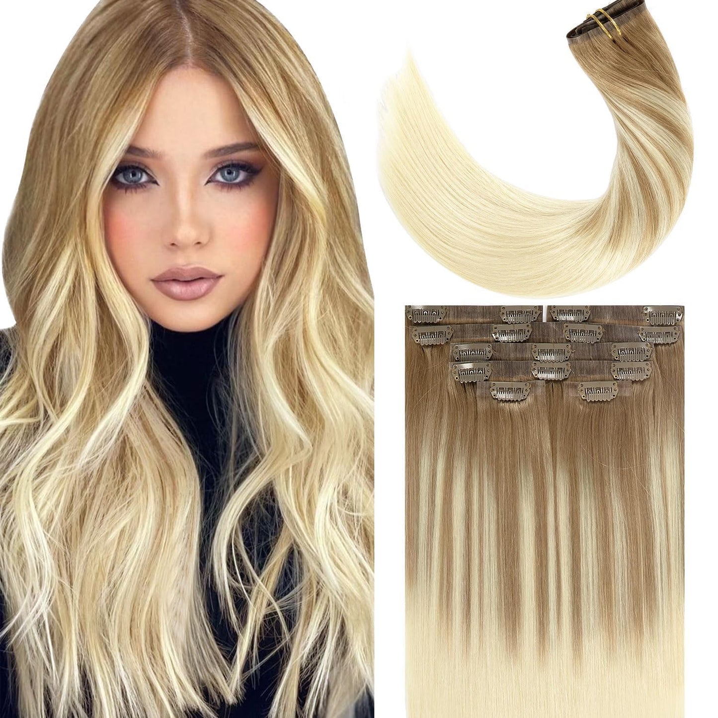 Lacer Hair Extensions Clip in Human Hair 16inch Light Brown Fading to Platinum Blonde 100% Human Hair Clip in Hair Extensions 7pcs 110g with 16 Clips Real Remy Human Hair