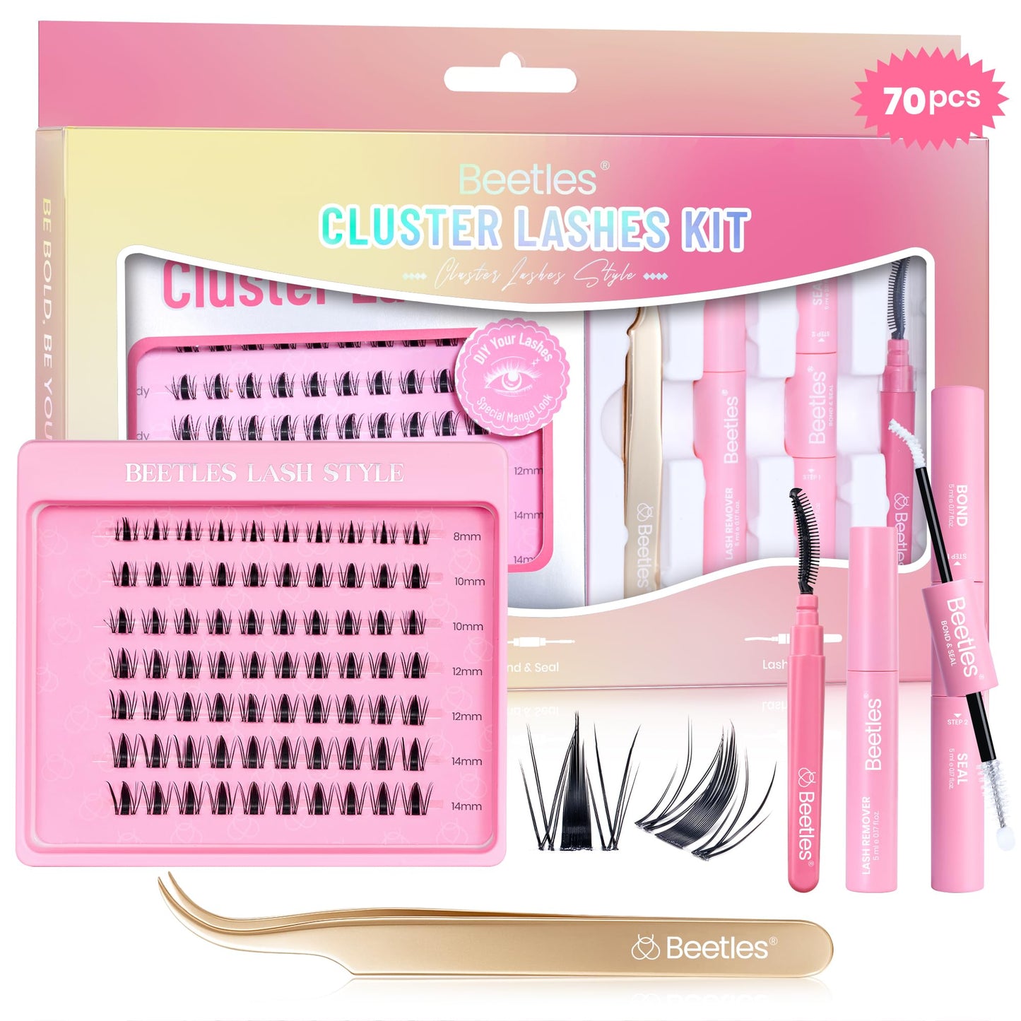 Beetles Lash Clusters Kit Dramatic Fluffy Lash Extension Kit 100 Pcs CC Curl 9-16mm False Eyelash Extension Set with 2-in-1 Bond and Seal Remover Brush Tweezers Eyelash Clusters Tempt KVT082