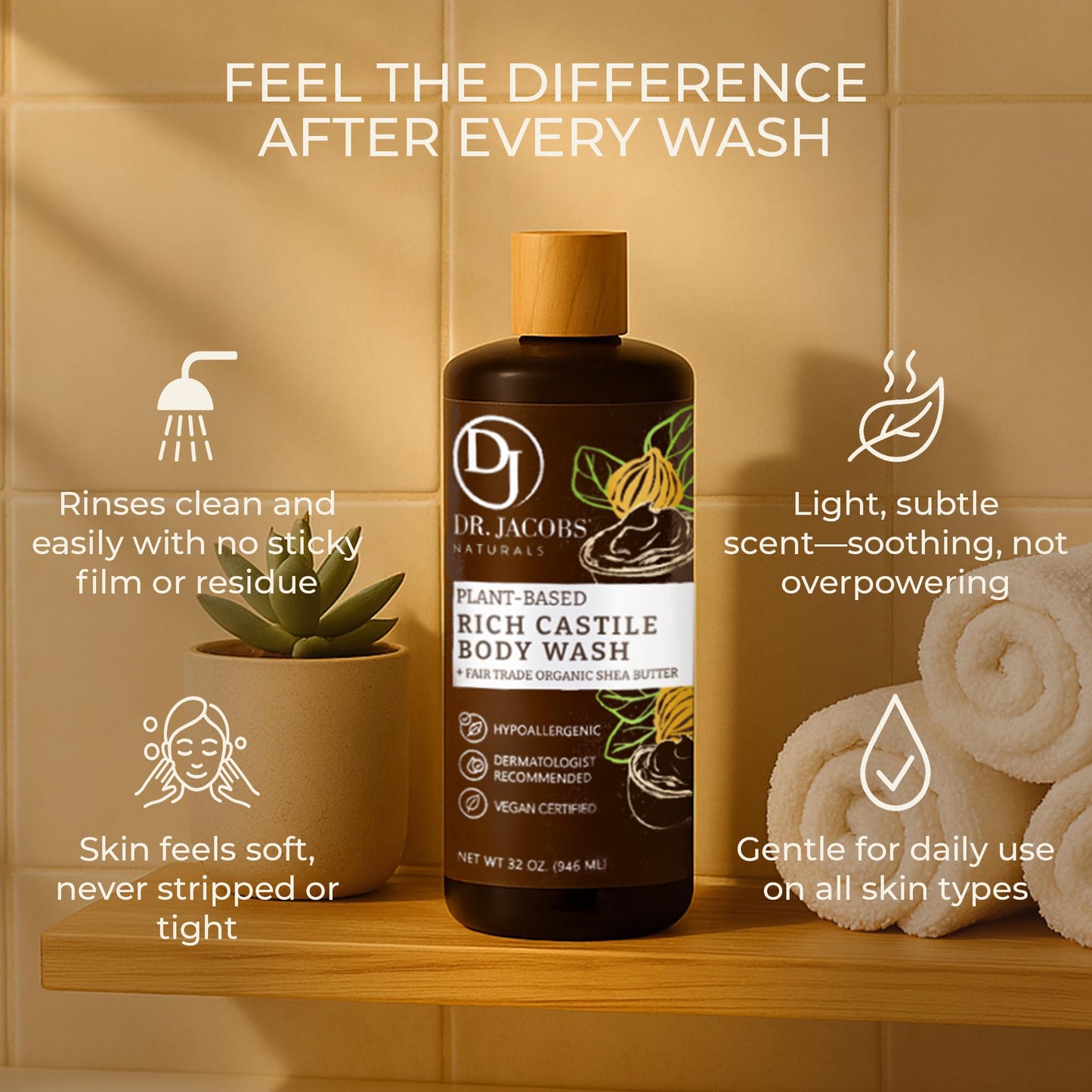 Dr. Jacobs Naturals Pure Castile Soap Liquid Body Wash, Shea Butter - Plant Based Soap Infused with Vitamin E and Aloe Vera to Moisturize Dry and Sensitive Skin - Made in the USA - 32 oz, Pack of 2
