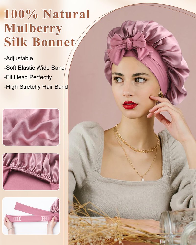 Silk Bonnet 100% Mulberry Hair Bonnet for Sleeping Women Hair Wrap with Elastic Band Sleep Night Cap(Bean Paste)