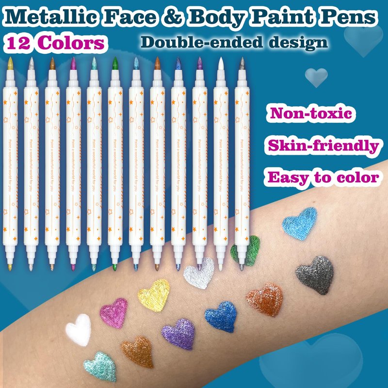 12 Colors Metallic Face Paint Glitter Tattoo Kit, Washable Glittering Face Body Painting Pens for Halloween Makeup Party Festival Clubs Cosplay Costume