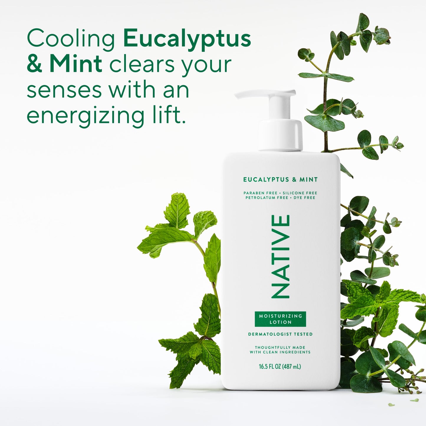 Native Body Lotion, Eucalyptus & Mint, 48-Hour Hydration for Dry & Sensitive Skin, Made with Plant-Based Moisturizers like Shea Butter, Silicone & Paraben Free, 16.5 fl oz