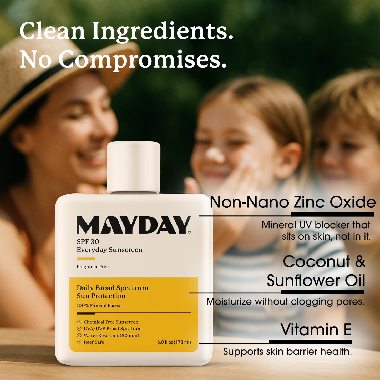 MAYDAY SPF 30 Everyday Sunscreen – Chemical-Free, Fragrance-Free, Water-Resistant Broad Spectrum Protection for Face & Body – Suitable for All Skin Types – 6 oz (178ml)