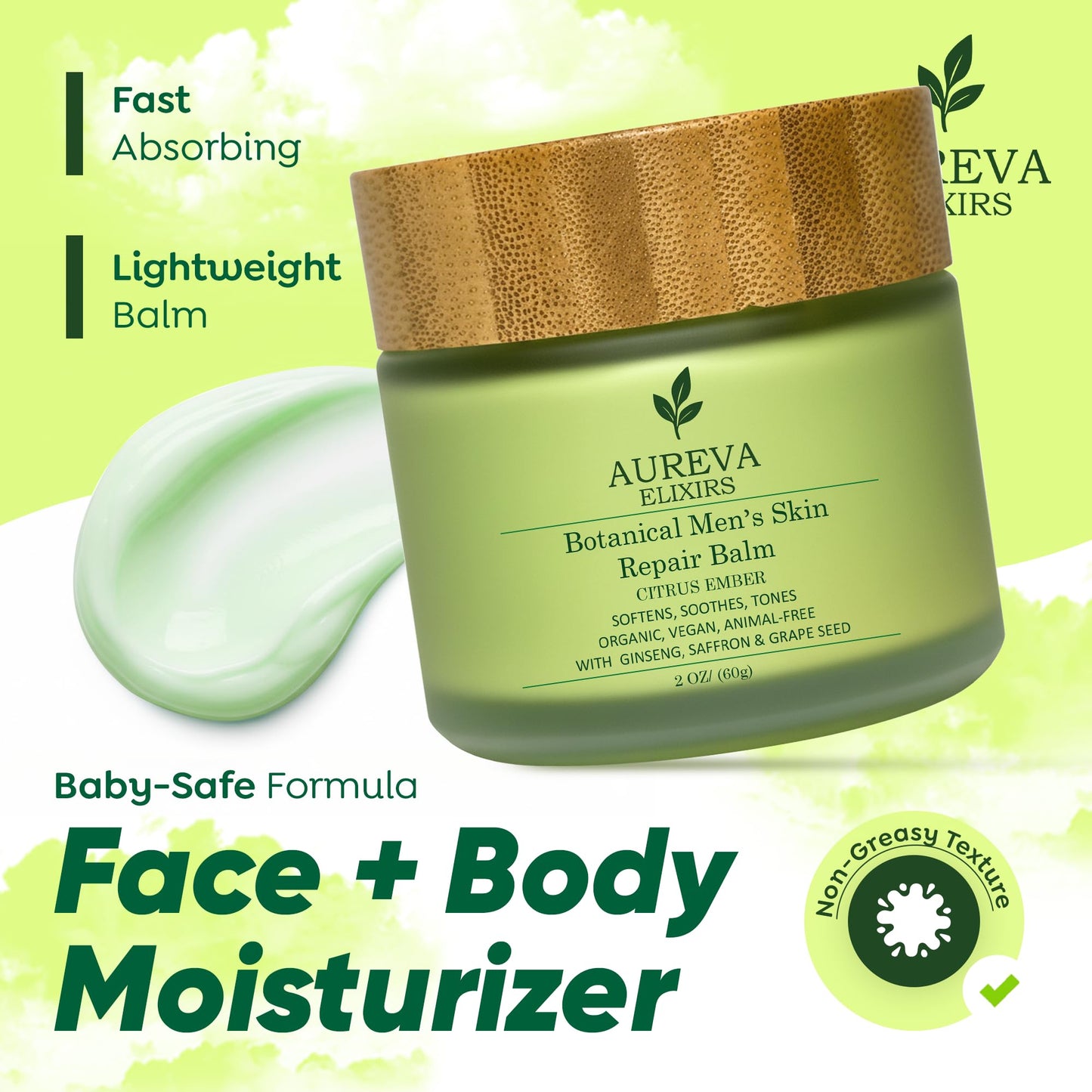 AUREVA ELIXIRS Men's Skin Moisturizer Balm – US Handmade Botanical Balm Face & Body For All Skin Types – Botanical cleansing cream for Everyone full Day Moisturize - Ember Citrus Scent, 2oz