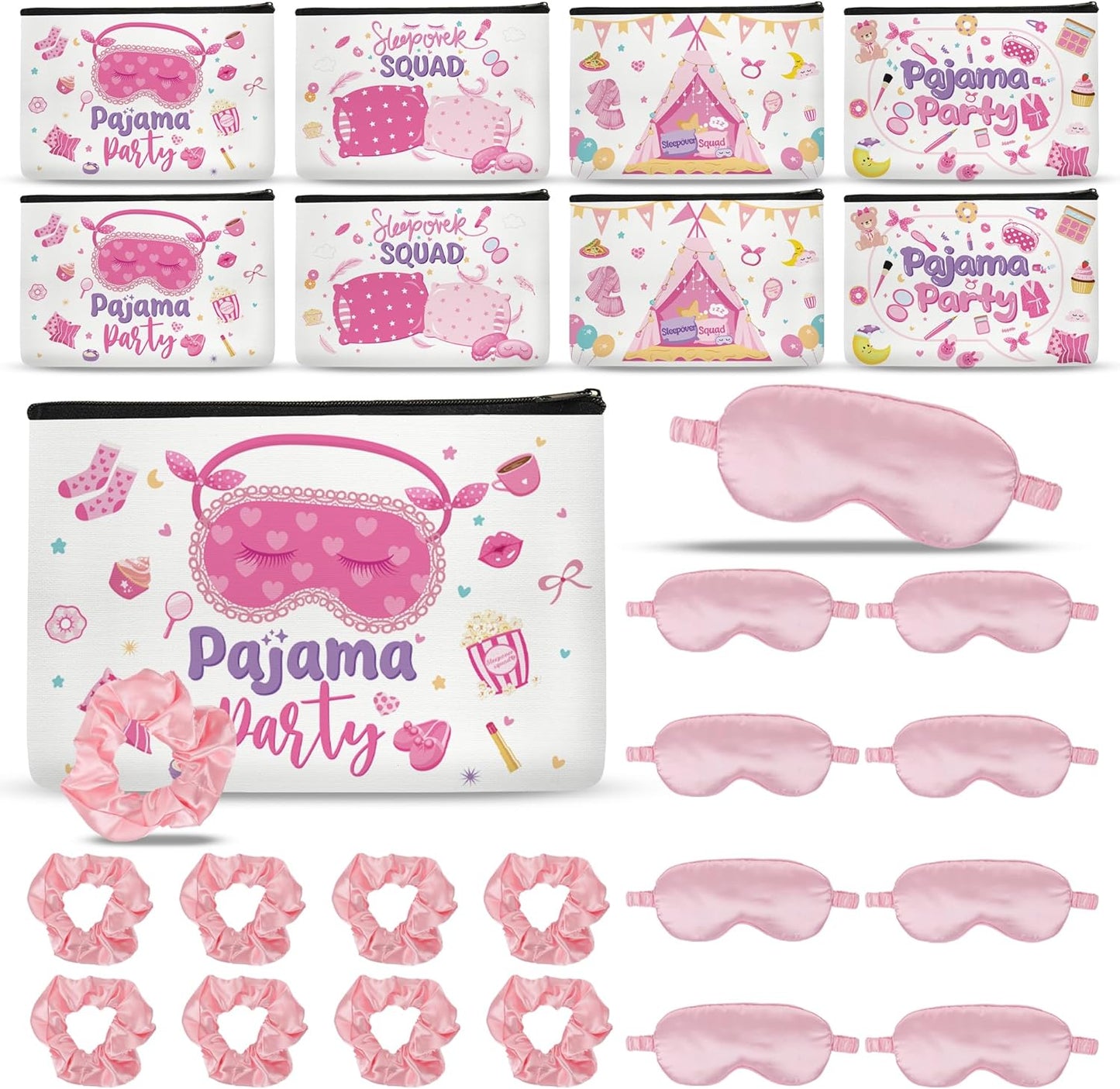 Sleepover Party Supplies - 24 Pcs Spa Party Kit for Girls | Makeup Bags, Satin Eye Masks & Scrunchies