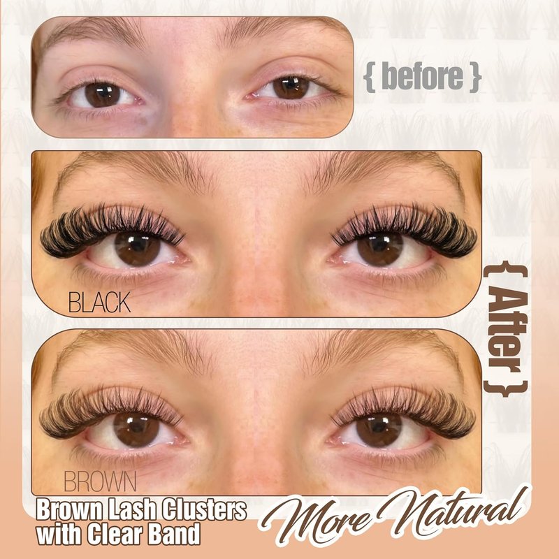 Natural Brown Lash Clusters - Wispy Eyelash Extensions with Invisible Band | 8-16mm D Curl Individual Lashes