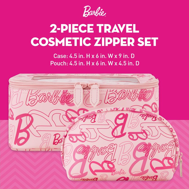 Concept One Barbie 2-Piece Women's Makeup Bag, Two Zipper Travel Cosmetic Zipper Pouch Organizer with Logo, Pink