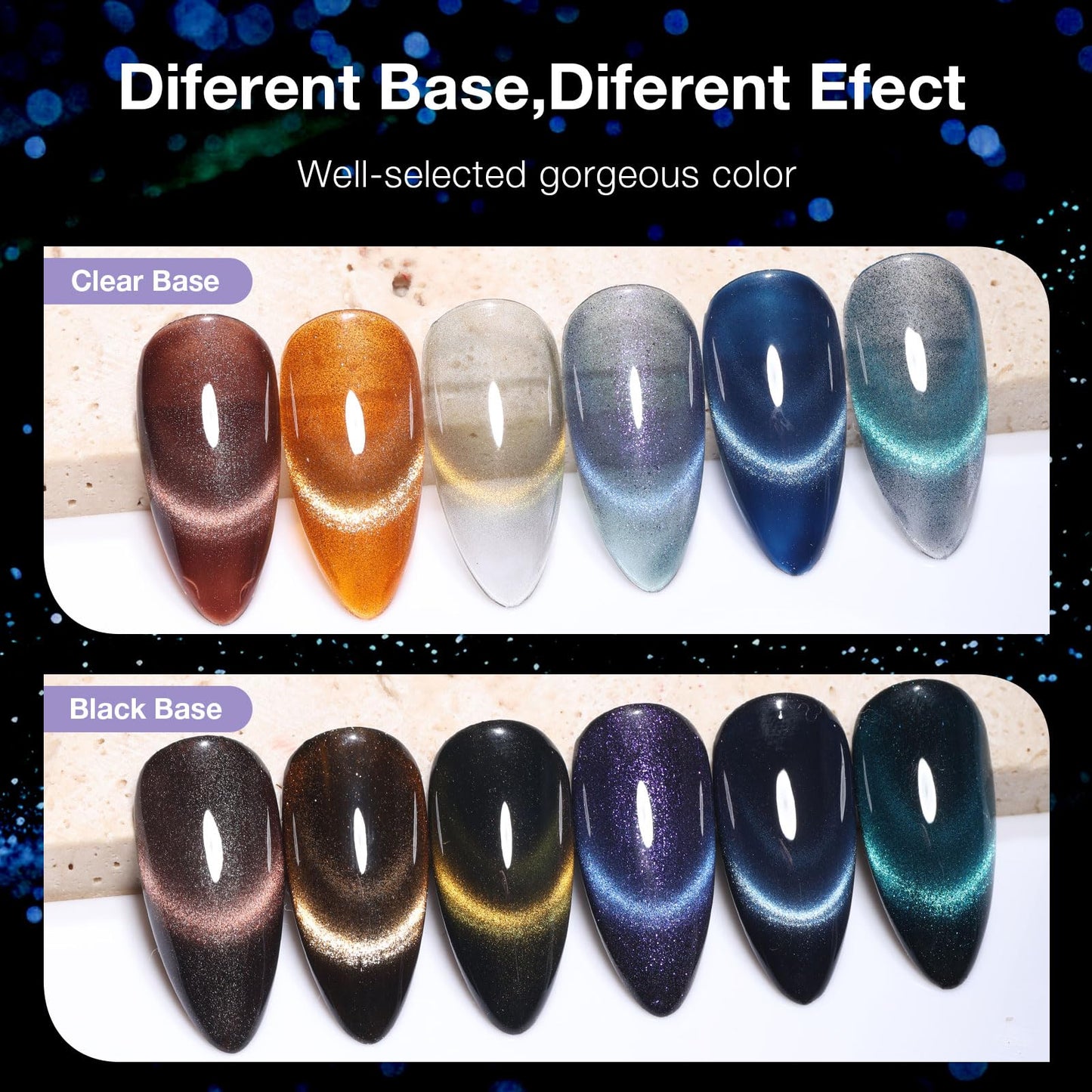 GELLAKTIK 9D Glassy Cat Eye Gel Nail Polish Set 6 Colors 12ML with Magnet