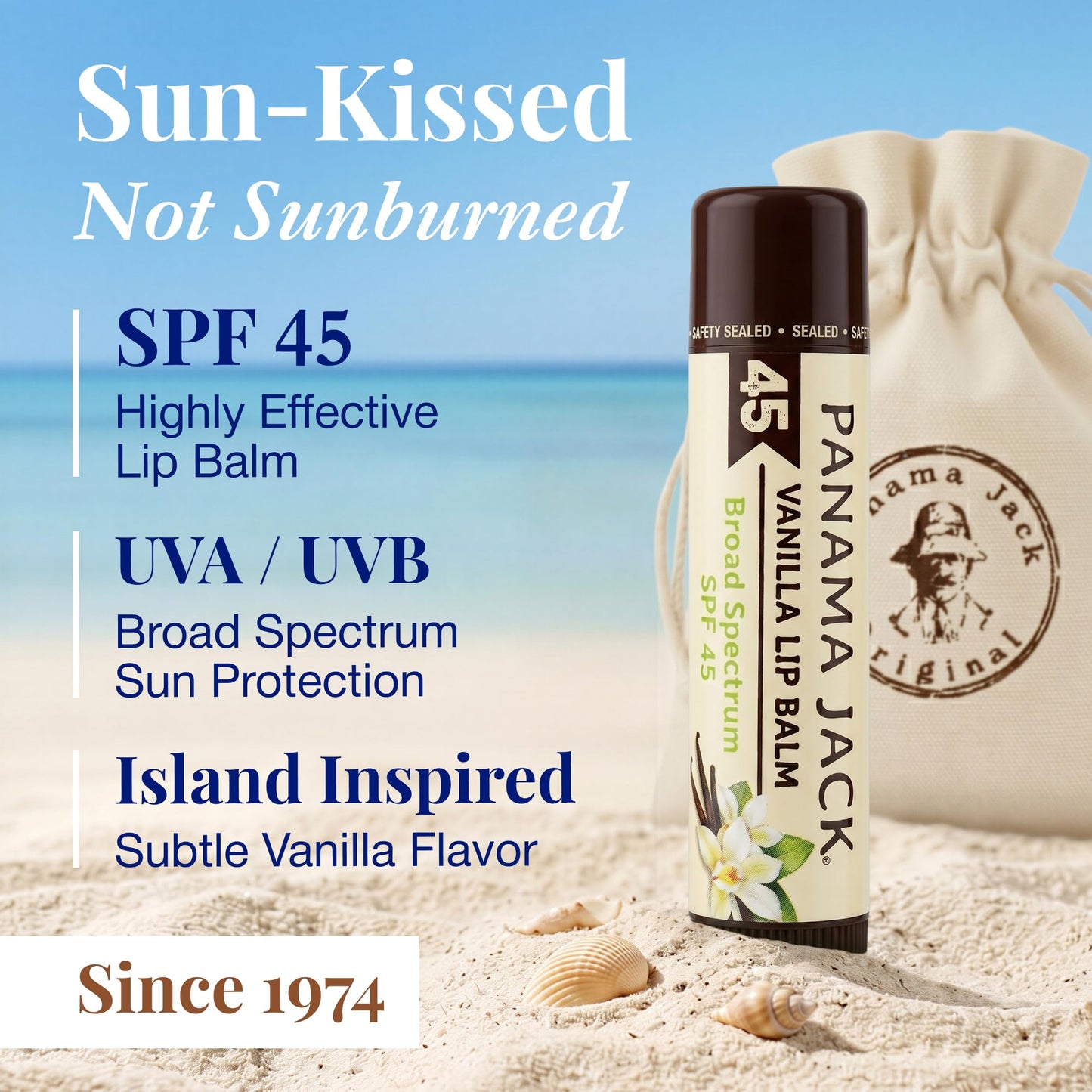 Panama Jack Sunscreen Lip Balm - SPF 45, Broad Spectrum UVA-UVB Sunscreen Protection, Prevents & Soothes Dry, Chapped Lips, Vanilla, 7-pack
