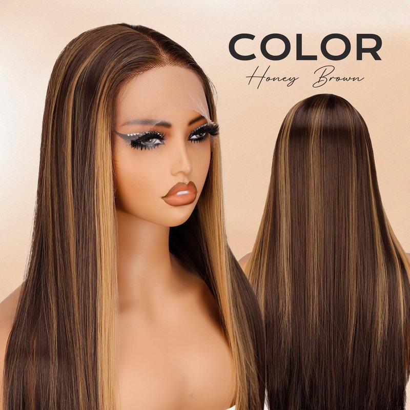 BLL Hightlights Wig Honey Brown Wigs Straight Glueless 30 Inch T Part Wig HD Lace Balayage (Honey Brown 4/30, 30 Inch)