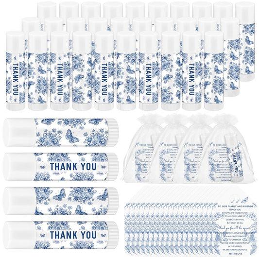 Fumete 50 Pcs Blue Floral Chinoiserie Lip Balm Favors Bulk, Wedding Thank You Gift Set with Organza Bags and Cards, Baby Shower Favors, Bridal Shower Party Return Gifts for Guests