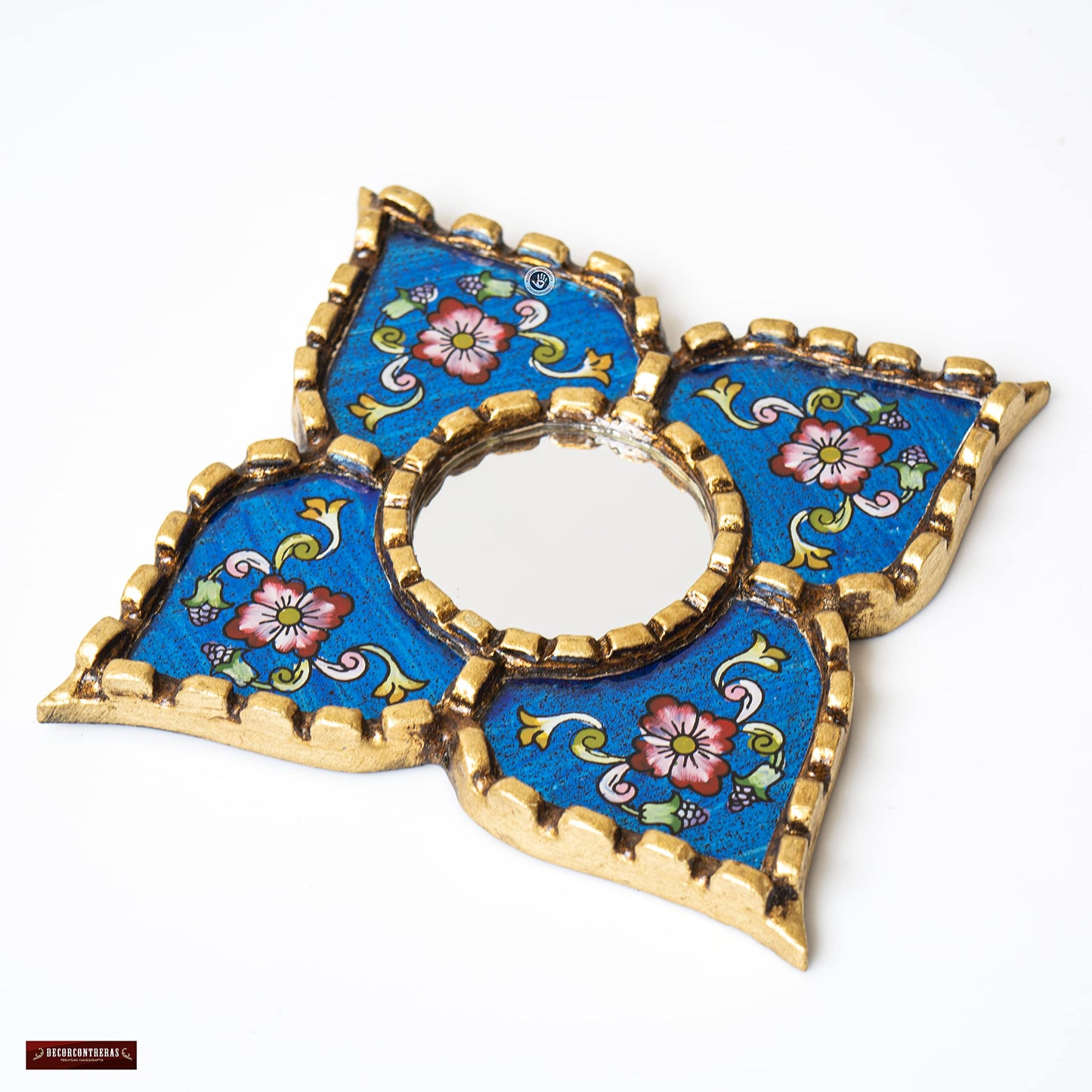 DecorContreras Peruvian Painted Glass Mirror with Bronze Leaf Framed - Handmade Diamond Mirror 6in for Gallery wall (Blue)