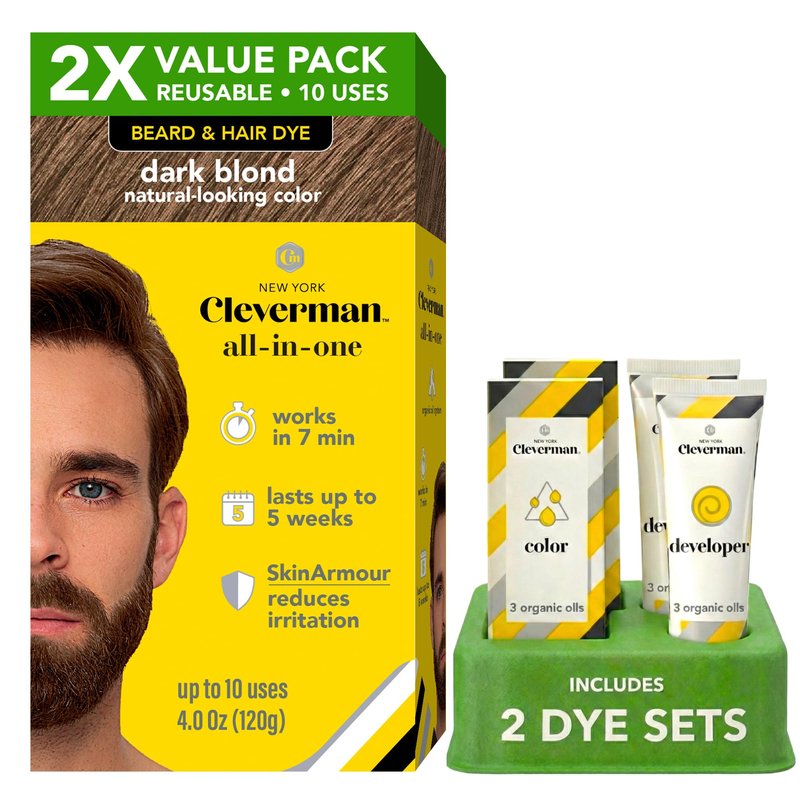 2X Reusable Hair & Beard Dye for Men – Dark Blond 7.01 | Up to 10 Uses, 7 Minutes | Natural Gray Coverage, No-Drip Cream with SkinArmour® – Cleverman