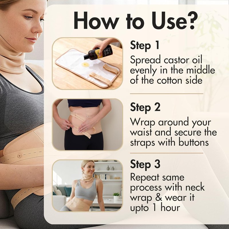 Organic Cold Pressed Castor Oil Pack Wrap Set - Reusable Cotton Neck & Stomach Wraps | Adjustable Straps for Relaxation & Detox 16oz