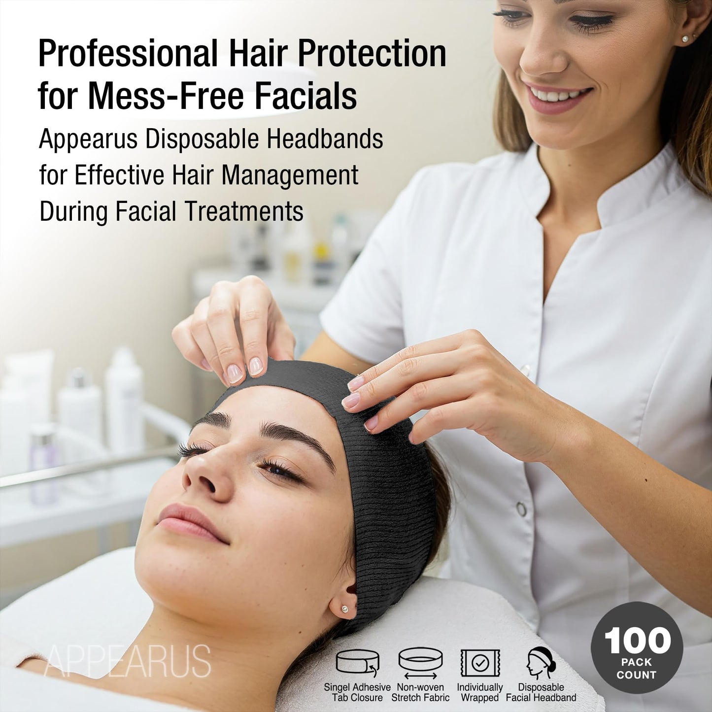 APPEARUS 100 Ct. Disposable Spa Facial Headbands with Convenient Closure (Black)