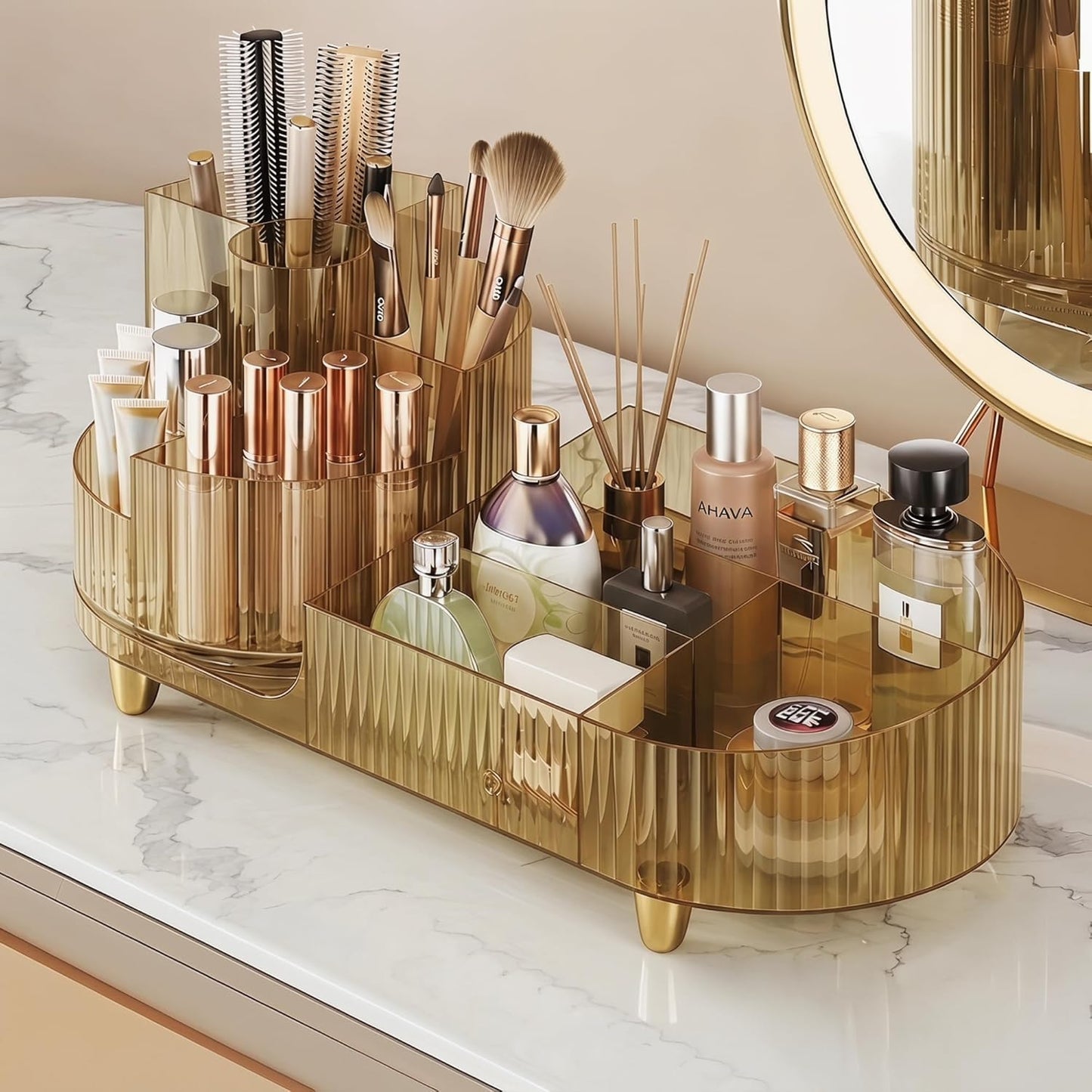 Rotating Makeup Organizer - Large Capacity Clear Acrylic Cosmetic Display Case | Vanity Storage for Skincare, Brushes & Lipsticks